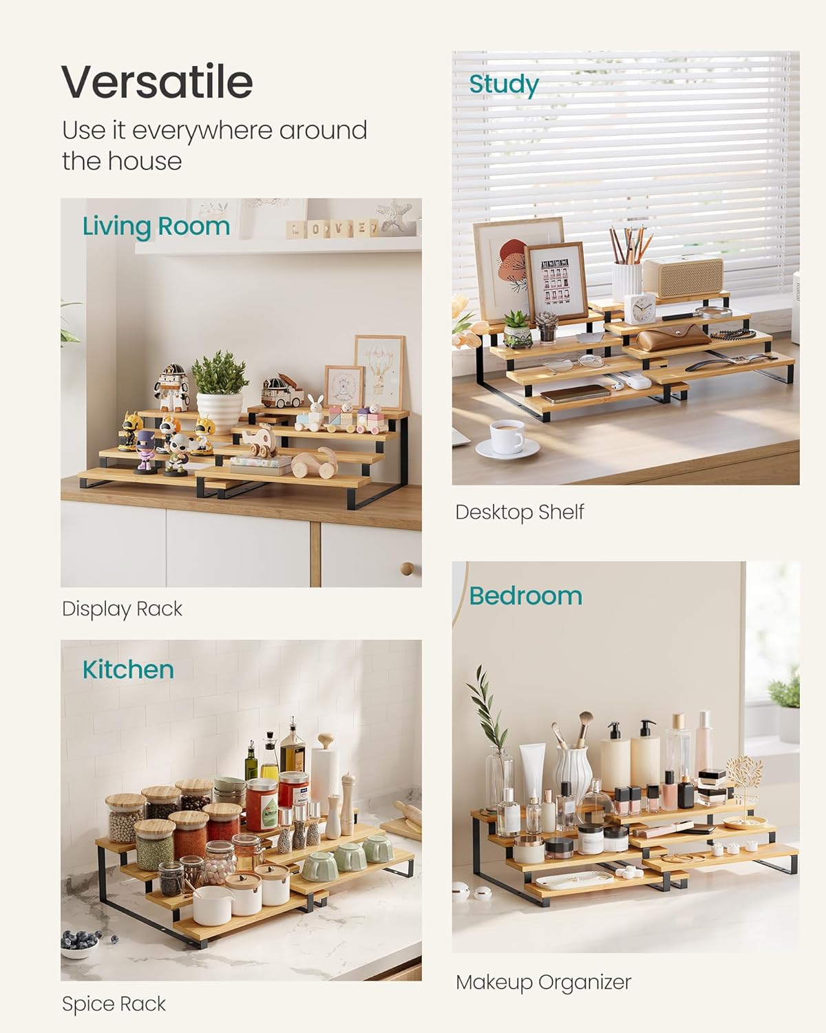 SONGMICS Display Risers, Set of 2 Engineered Wood Perfume Organizer Stand, 4-Tier Cupcake Stand Holder, Spice Rack, Shelf Risers for Figures, Dessert Shelves, Natural Beige and Ink Black UKCS216N01