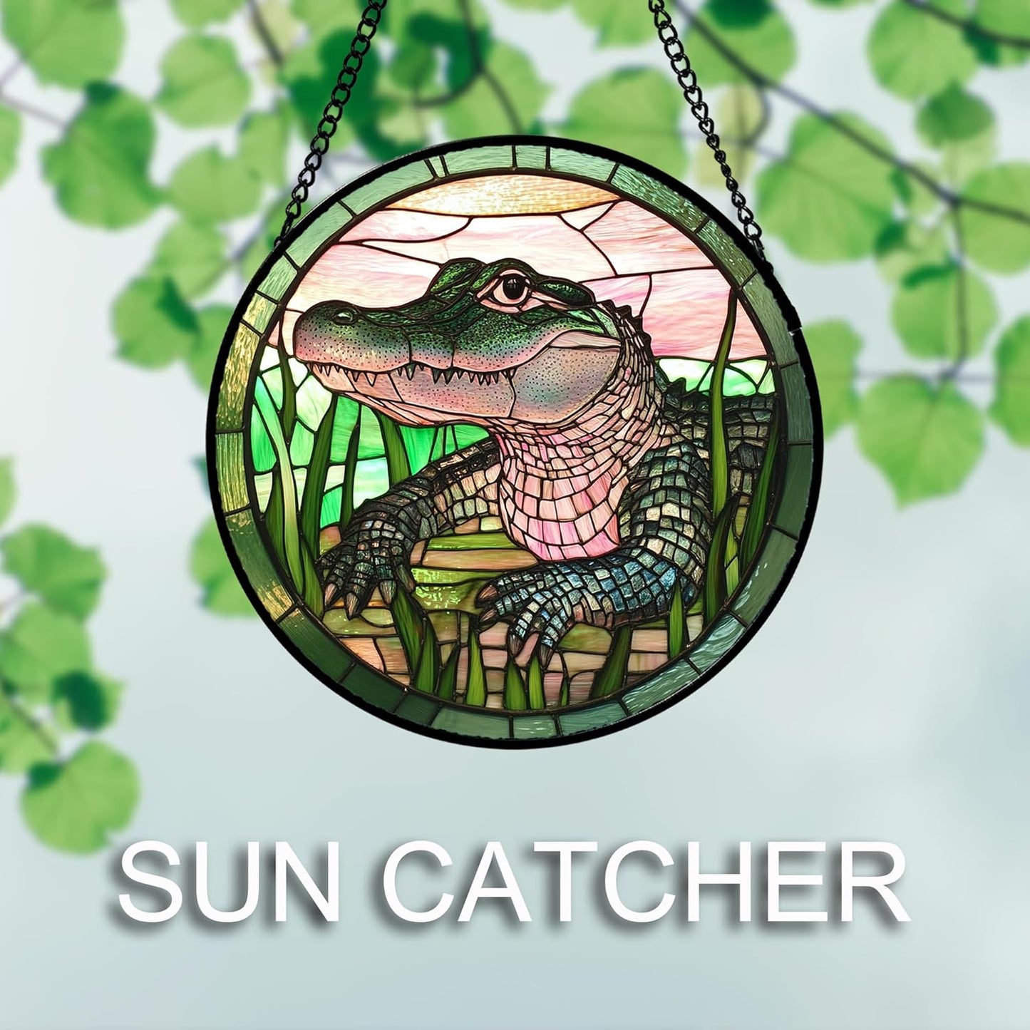 Stained Glass Window Hanging 4 Pcs Set Cute Animal 6.3"- Green Plant Pink Suncatcher Door Garden Sun Catcher Decor Birthday Christmas for Mom Woman Nana Men Friend