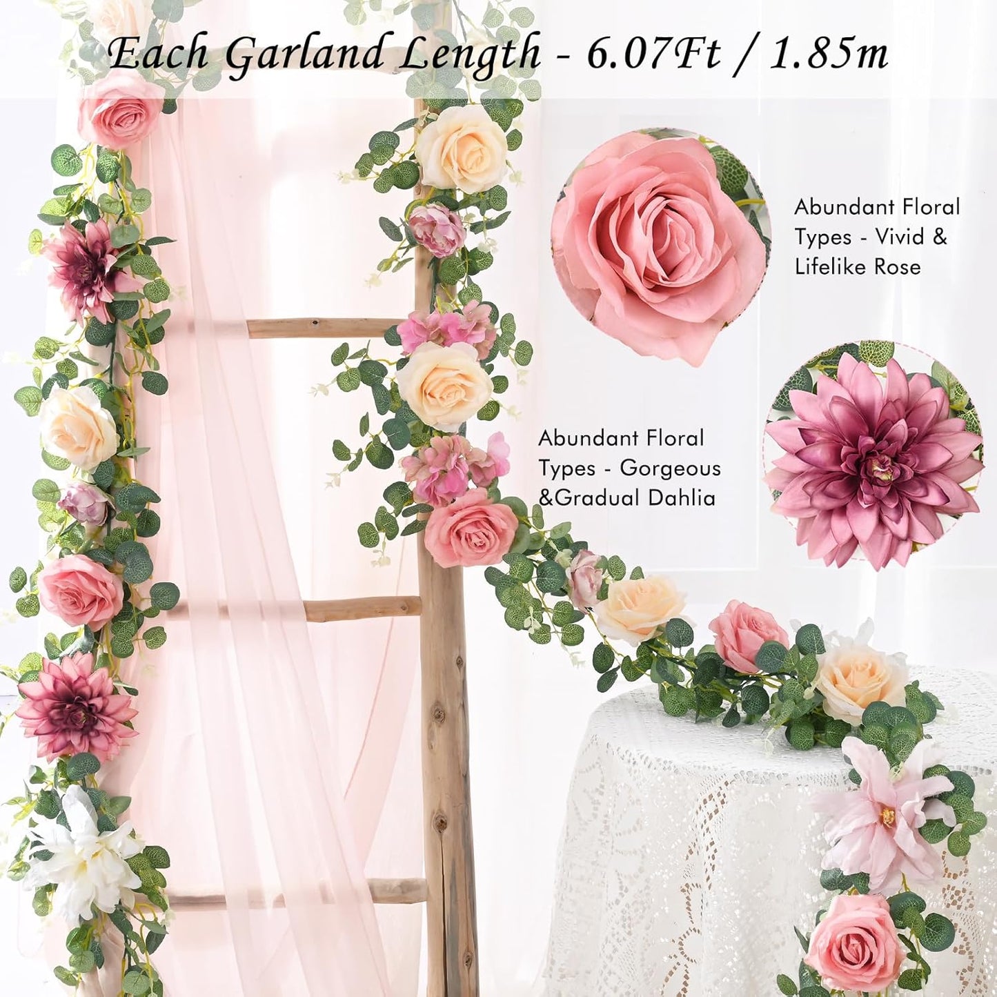 Waipfaru 2Pcs Artificial Flower Garland Decorations, 12.14Ft Eucalyptus Greenery Vines with Pink Roses for Wedding Table Runner Centerpieces Backdrop Room Decor (Pink)