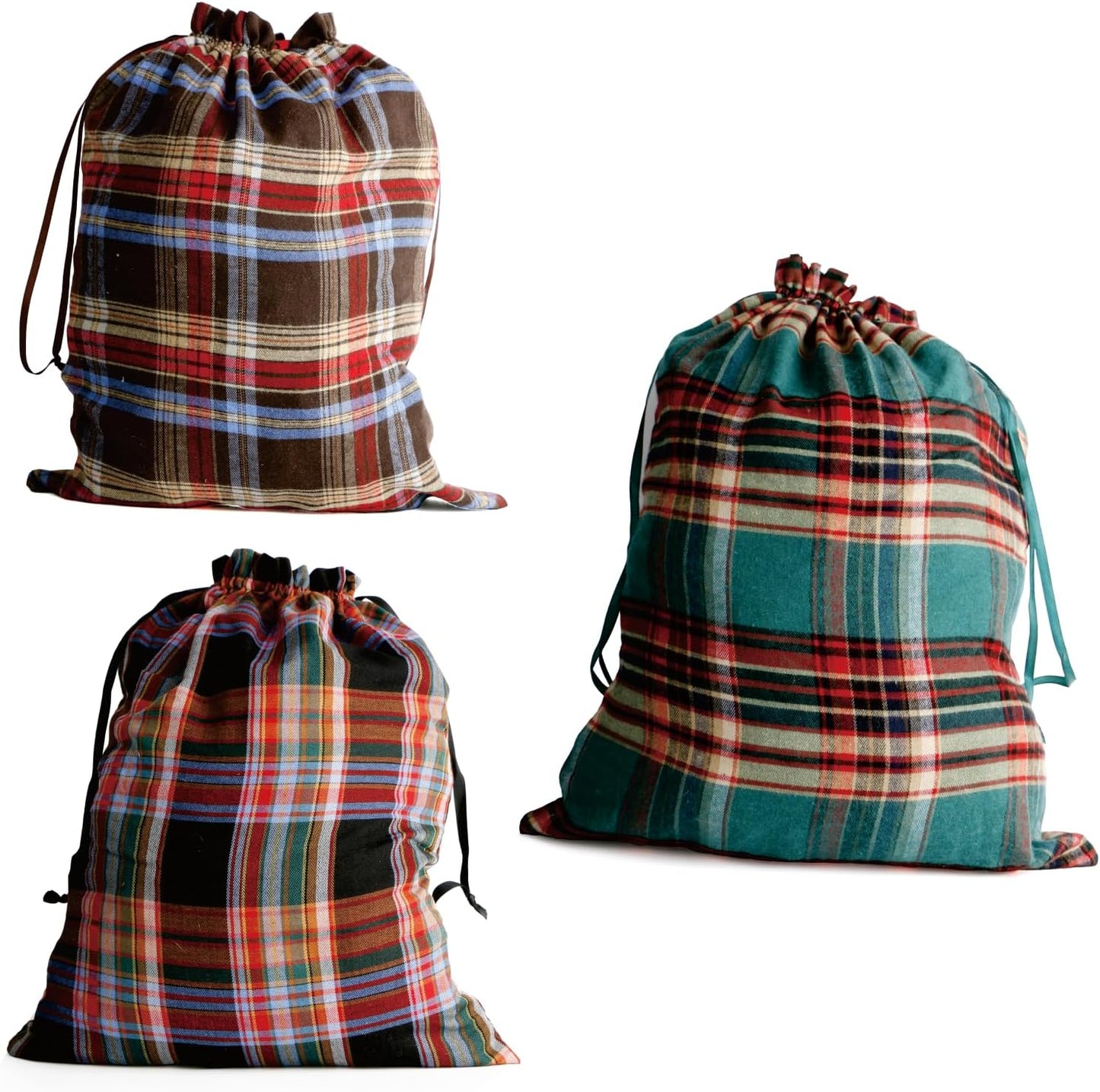 Meseey Large Christmas Gift Bags with Drawstrings Red Green Buffalo Plaid Reusable Sacks Bags Brown Black Gingham Pouch Bag for Thanksgiving Party Gift Wrapping(3 color, 15x20 Inch)