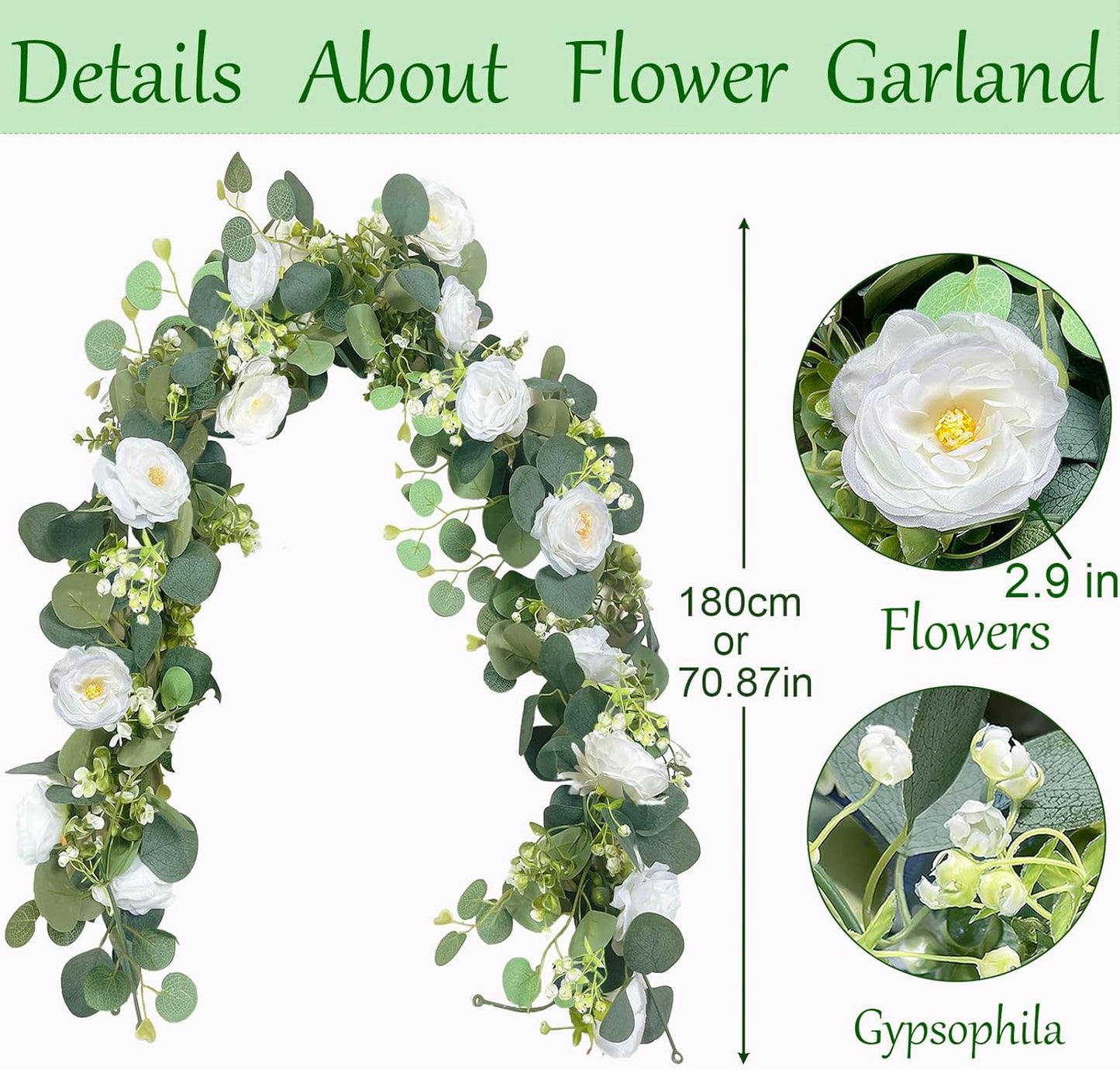 4 Pack Artificial Eucalyptus Flower Garland with White Roses, Fake Flowers Greenery Garland Flower Vines for Wedding Party Centerpiece Mantle Table Runner Spring Summer Home Decor (4PCS, White)