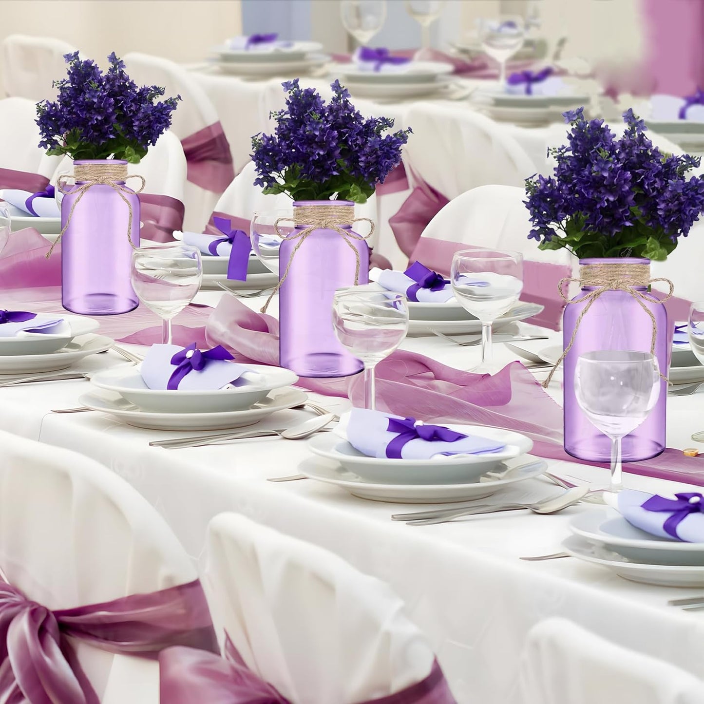 Vintage Glass Flower Vase，12 Pack Farmhouse Purple Glass Centerpiece Vases Mason Jars for Weddings, Parties & Home Decor Bulk (12, Purple)