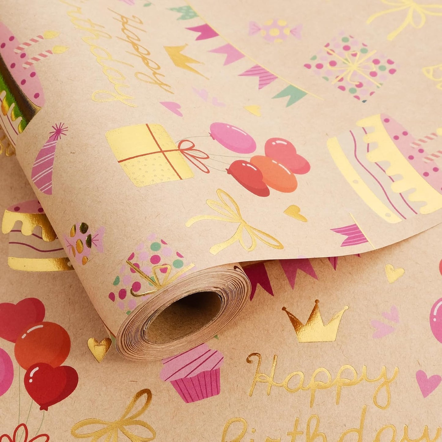 Aimyoo Birthday Wrapping Paper Roll - 17 Inch X 32.8 Feet - Gold Foil Celebration Cake, Gift Box,Happy Birthday Lettering Design Gift Wrap for Kids, Baby Showers