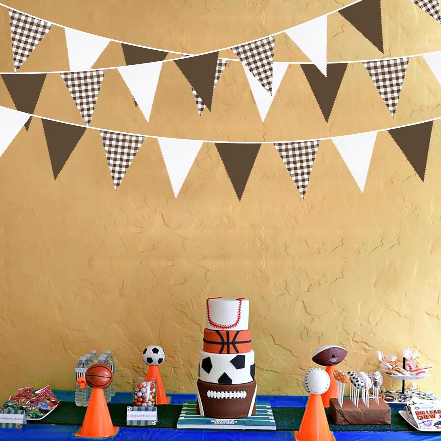 32Ft Coffee Brown Party Decorations Brown Buffalo Plaid Checkered White Triangle Flag Gingham Pennant Bunting Fabric Garland for Woodland Teddy Bear Baby Shower Birthday Home Outdoor Garden Decor