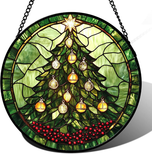 Stained Glass Window Hanging - Green Christmas Tree Golden Bells Suncatcher for Doors Home Christmas Decoration Sun Catcher Thanksgiving New Year Birthday Gift for Women Men Mom Nana 6.3 in