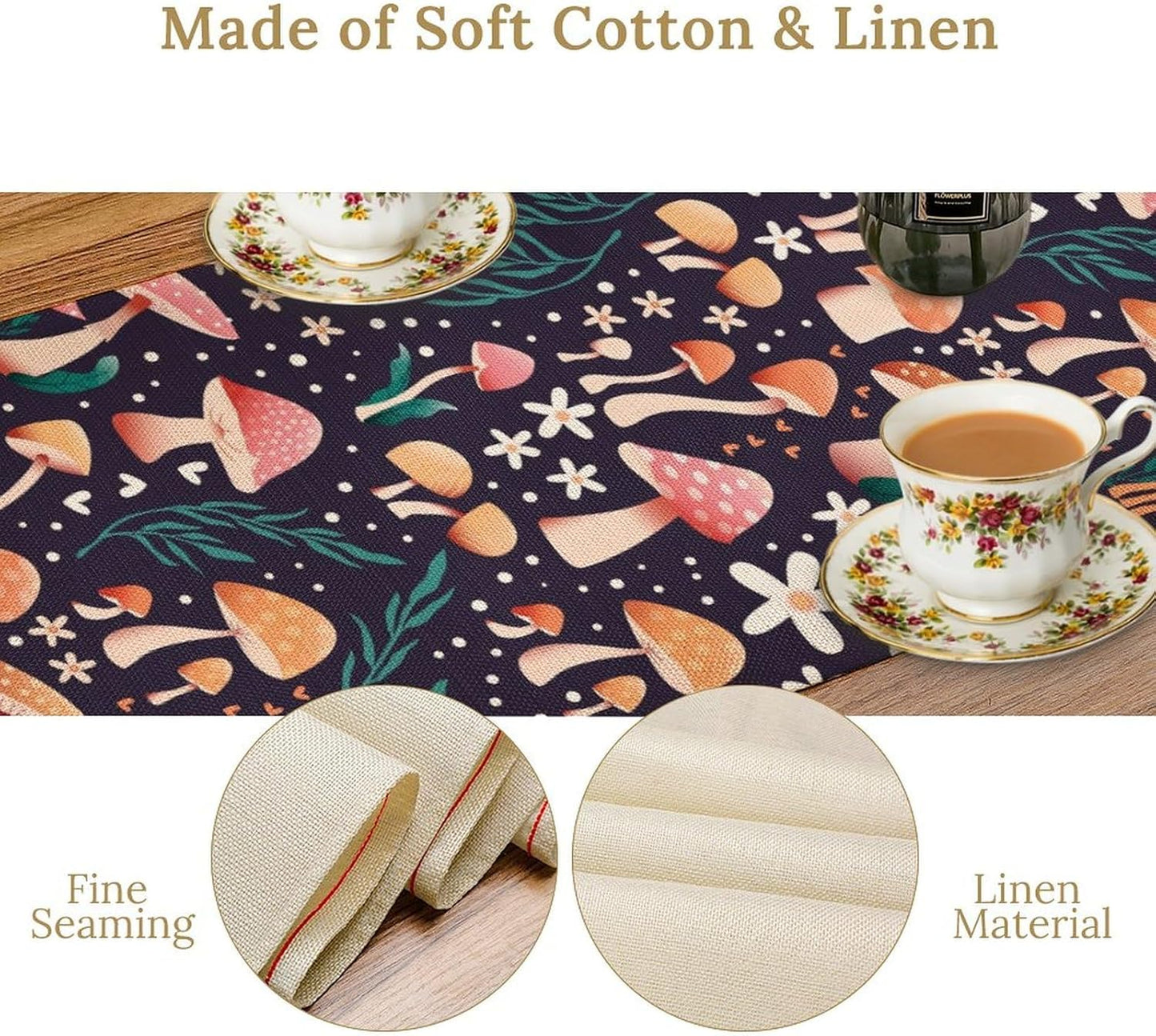 Mushroom Table Runner,Retro Forest Plant Table Cloth Farmhouse Kitchen Dining Table Decoration for Home Party Decor 13x120 Inch