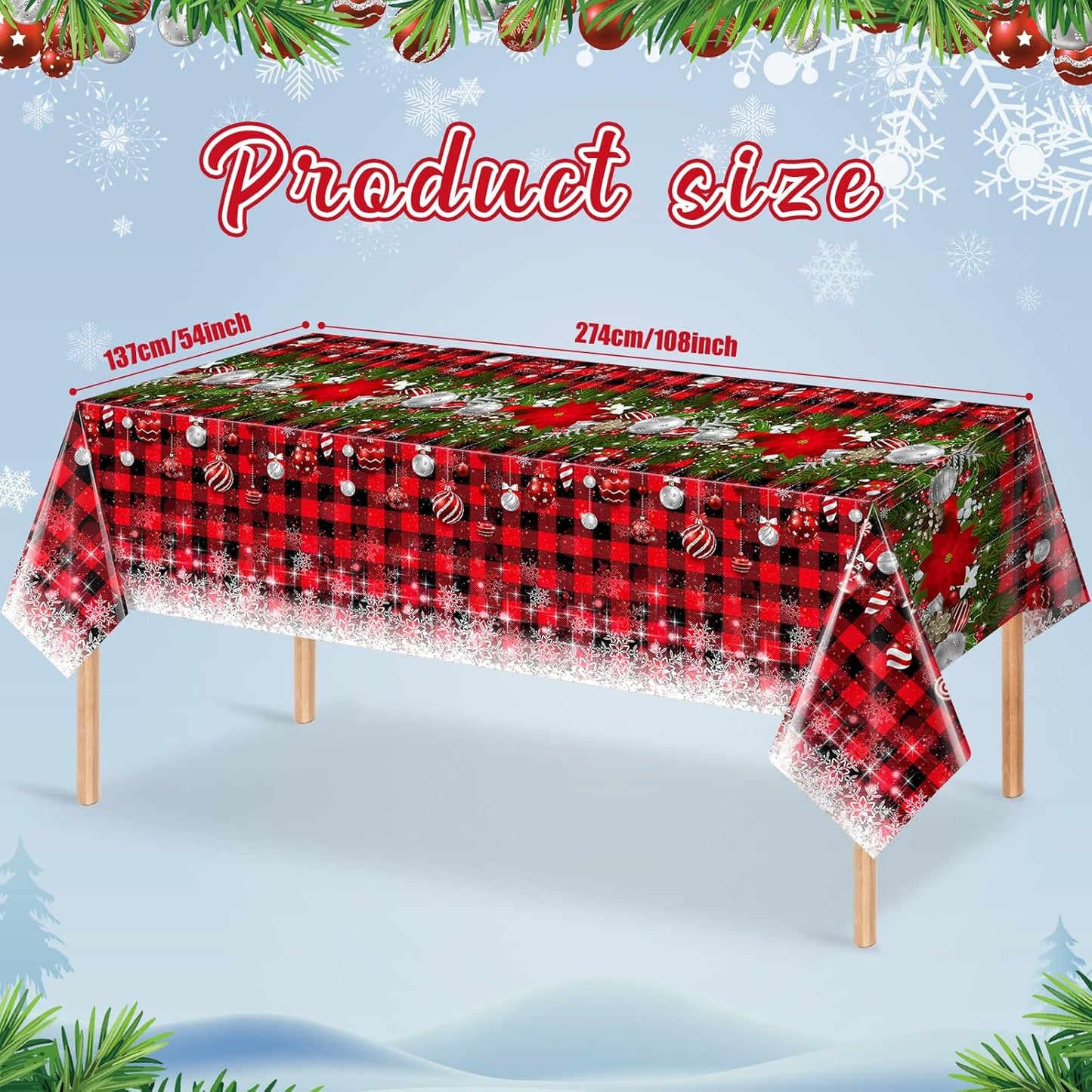 3Pcs Christmas Buffalo Plaid Snowflake Tablecloths,Plastic Red and Black Checkered Rectangle Christmas Tree Color Ball Table Cover for Winter Christmas New Year Holiday Party Decorations,54x108 inch