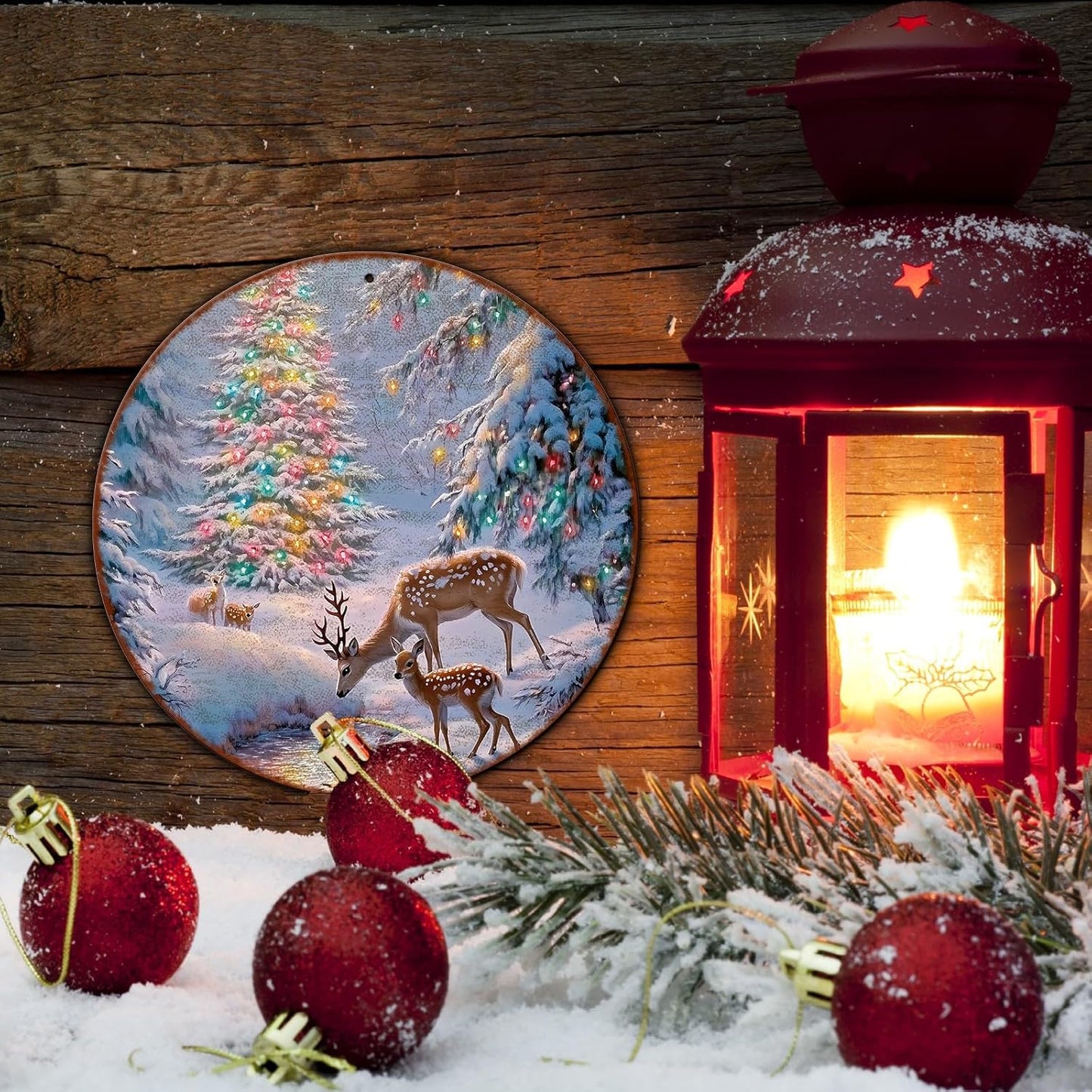 Christmas Tree Decor Round Metal Tin Sign Christmas Deer Vintage Tin Sign for Home Coffee Wall Decor for Christmas Family Wall Decoration 8 * 8 in