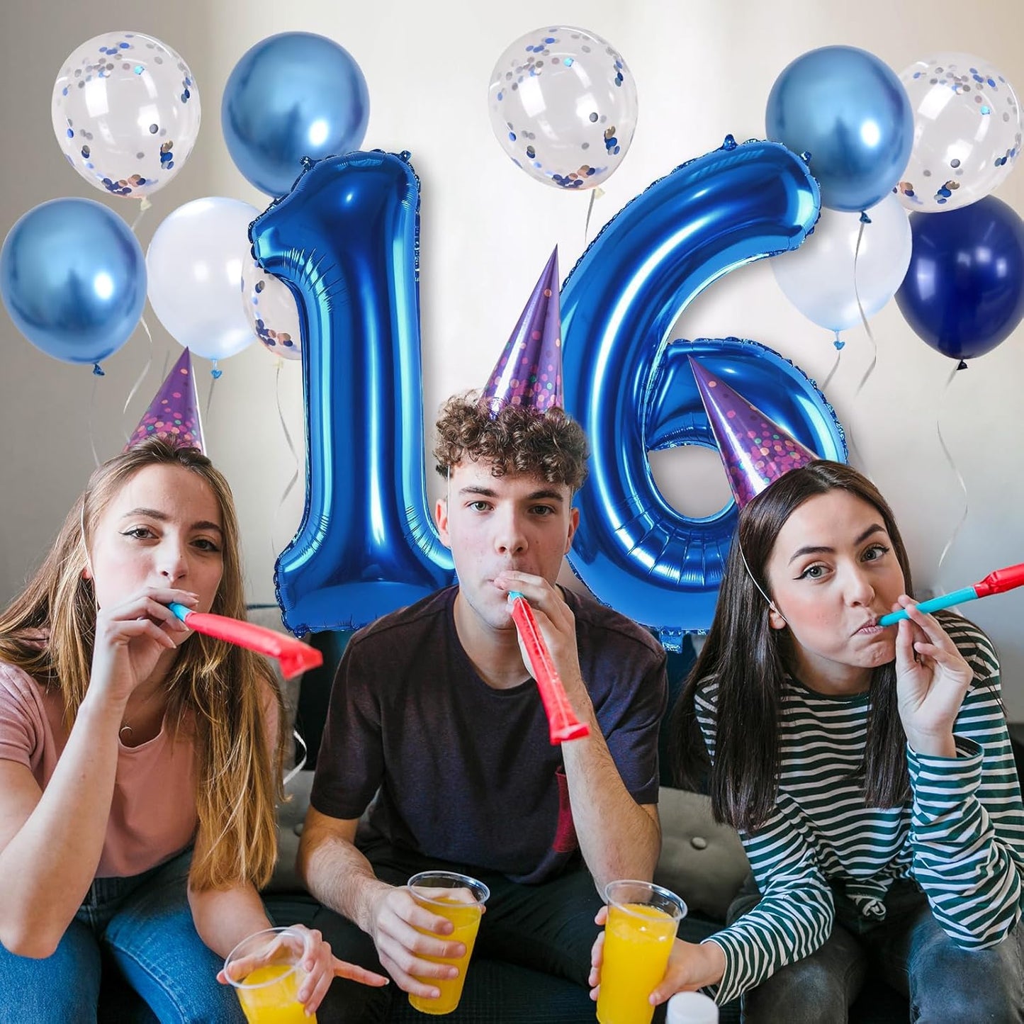 16 Balloon Number Blue, Big Number 16 Balloon Pastel Navy Dark Blue with Metallic Silver Confetti Balloon for Boys 16th Birthday, Foil 40'' Self Inflating Balloon 16 for Anniversary Party Decorations