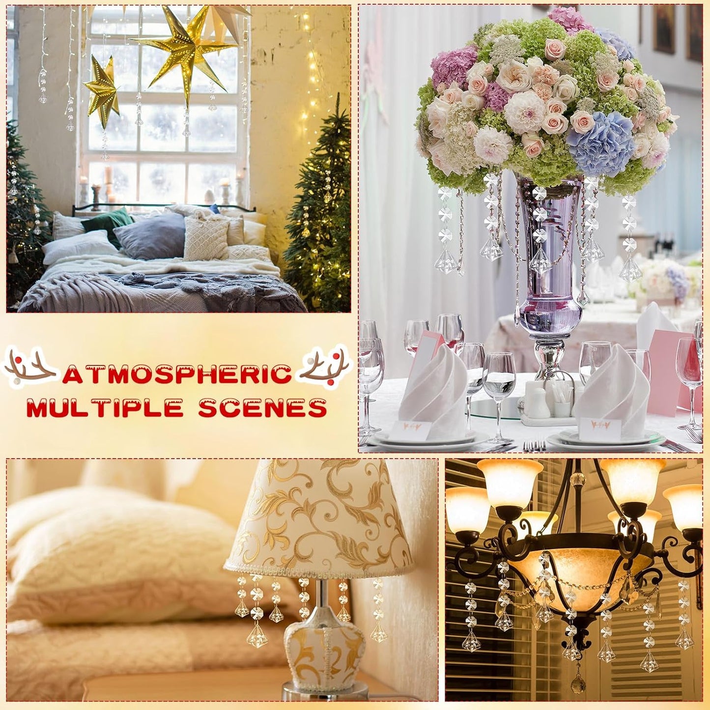 Nuenen 100 Pcs Hanging Crystals for Centerpieces Acrylic Chandelier Garland Beads Strands Prism Decorations Clear Teardrop Chandelier Crystals Pendant Wedding Home Garden Outdoor Ornaments(Diamond)