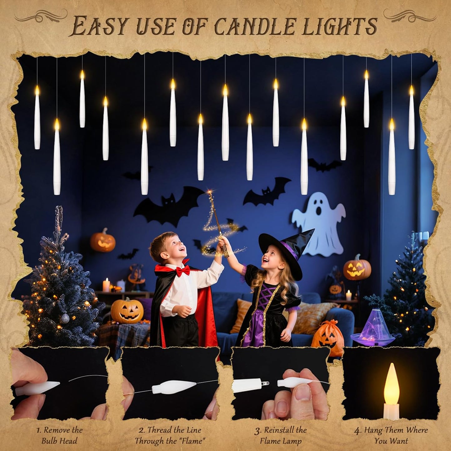 Halloween Decorations, 20 Pcs Floating Candles with Wand Remote, Battery (indluded) Operated Magic Wand Hanging LED Candles, Flameless Flickering Taper Candles for Halloween Christmas Decor Birthday