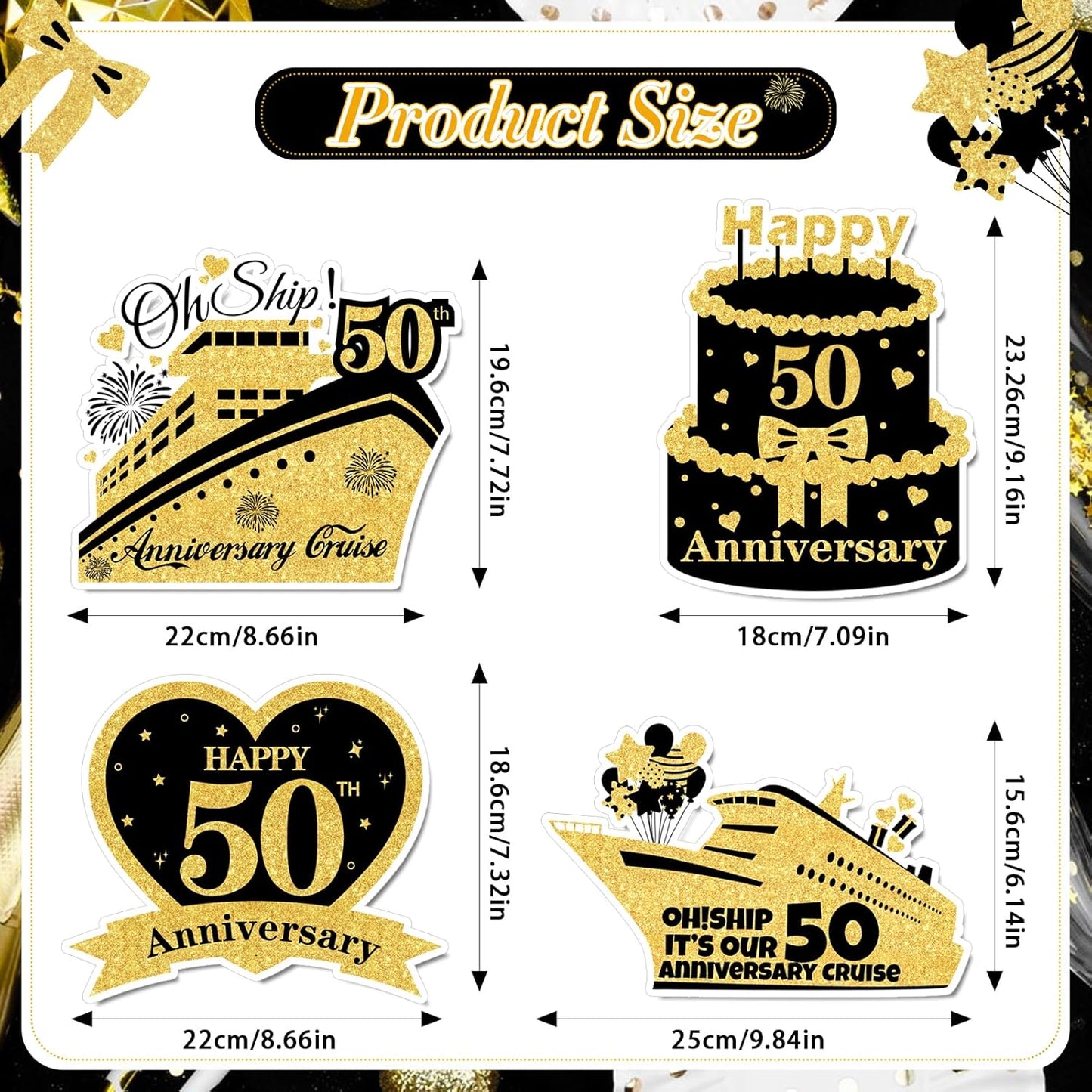 4 PCS Large 50th Anniversary Cruise Door Magnets Decorations Happy 50th Anniversary Cruise Ship Door Decor Magnetic Wedding Magnets Garage Refrigerator Car Magnets for Cabin Stateroom (Black Gold)
