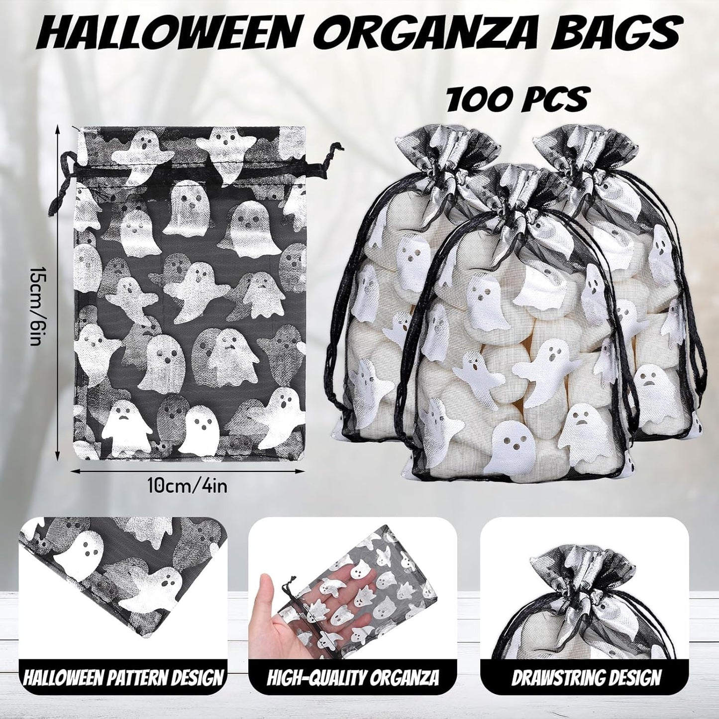 Whaline 100Pcs Halloween Organza Drawstring Bags Cute Foil Silver Ghost Jewelry Gift Bag 4''x6'' Small Mesh Favor Bags for Trick or Treat Birthday Baby Shower Party Supplies