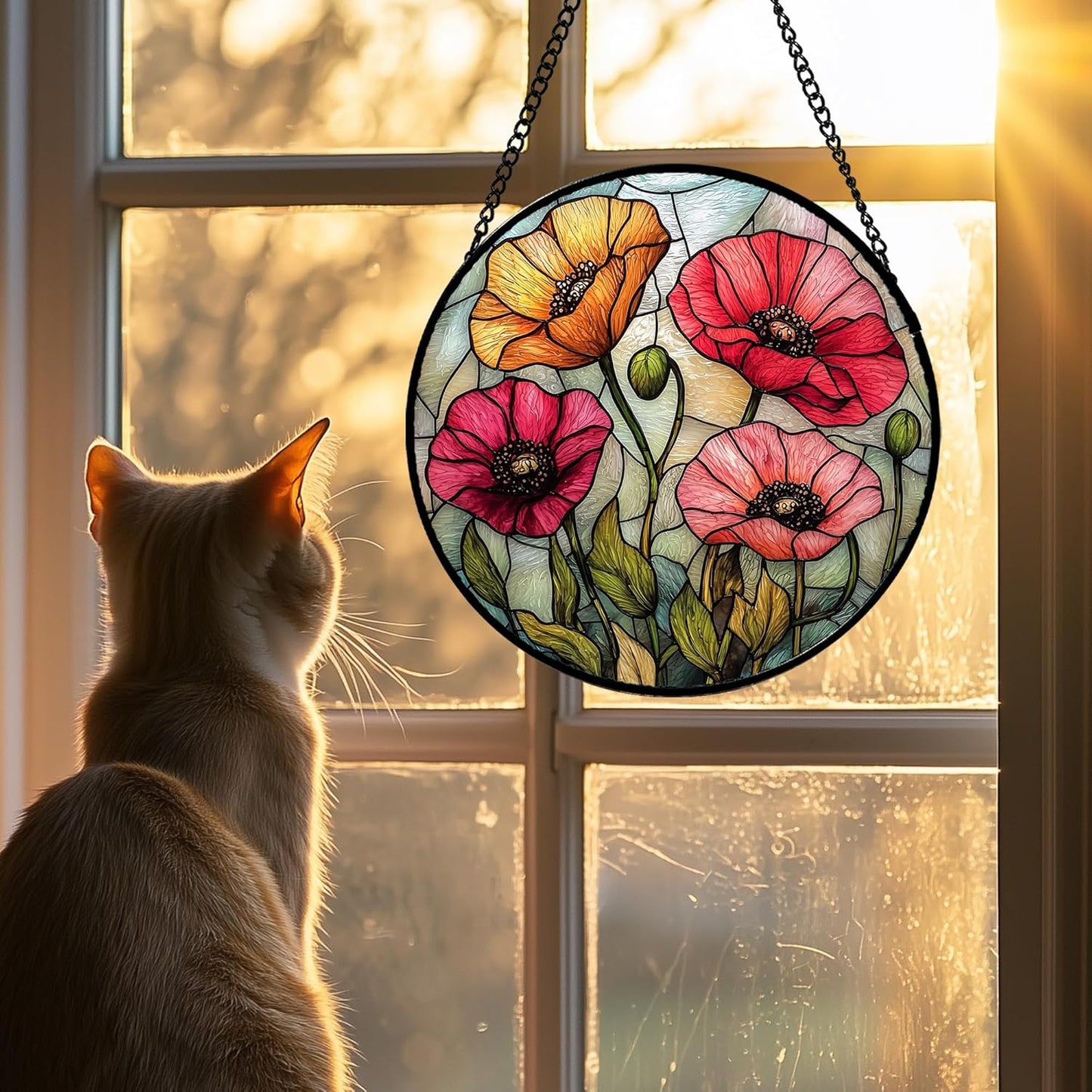 Stained Glass Window Hanging, Red Orange Poppy Birth Flowers Sun Catcher for Door Garden Yard Decor Wildflowers Suncatcher Christmas Mother Birthday Gifts for Women Men Mom Nana 15 in