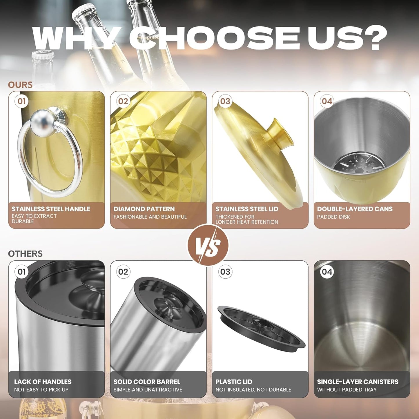 Ice Buckets for Parties with Lid,Tongs and Strainer (3L/Gold) Double Wall Stainless Steel Ice Bucket Keeps Frozen Longer,Ideal Perfect for Parties, Cocktail bar, Chilling Wine, Champagne