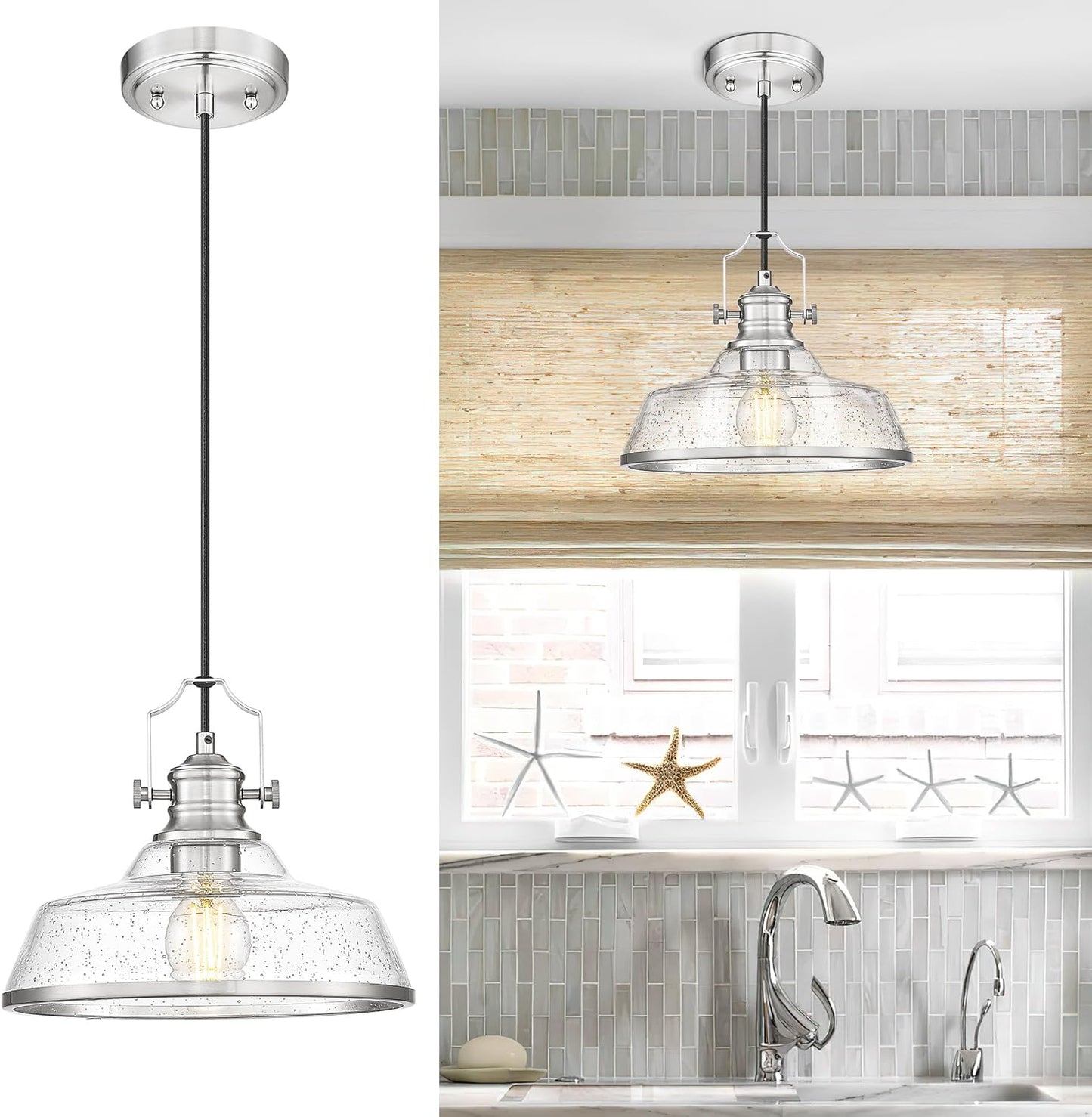 kudos Brushed Nickel Pendant Lights Kitchen Island, Large Pendant Light with Seeded Glass, Industrial Hanging Lighting for Kitchen Sink Dining Room Bathroom,KDPL13-BN-S
