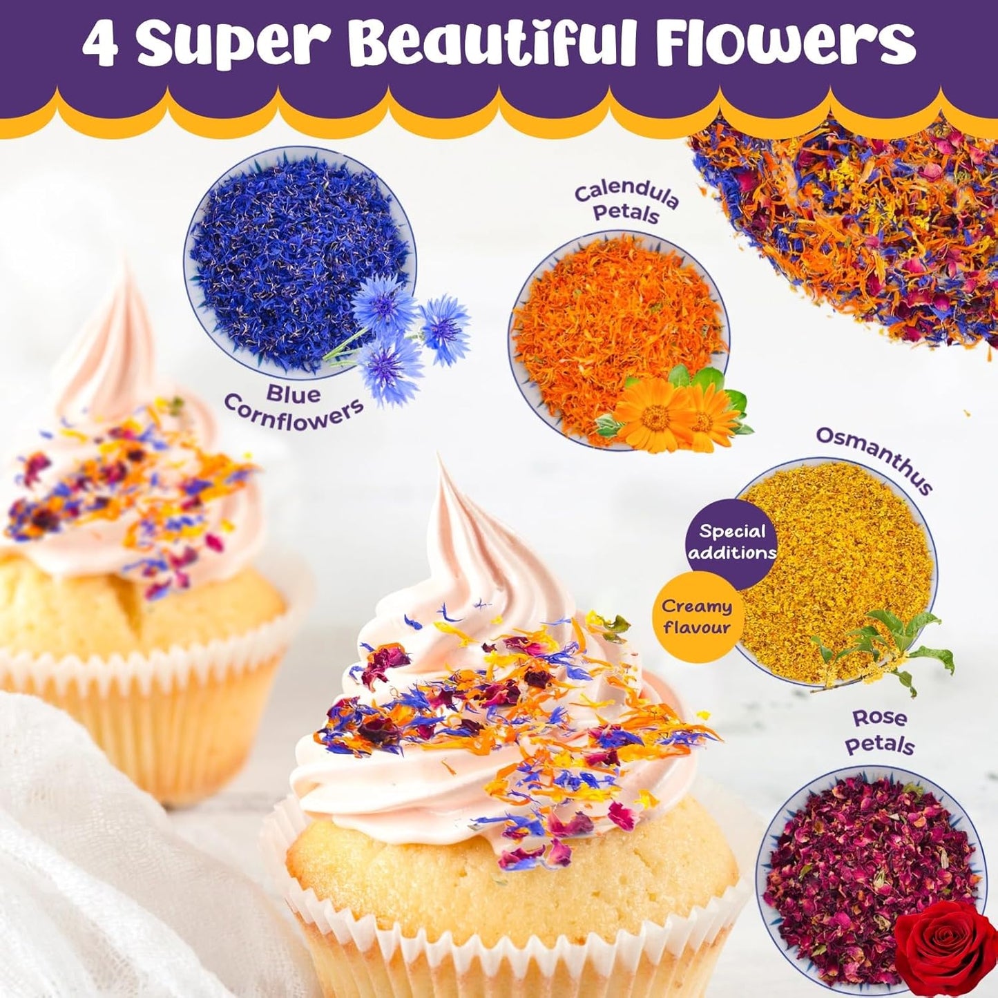 4 Kinds Natural Dried Edilble Flowers Petal Blend (1.5 Ounce), Edible Flowers for Cocktail, Cake Decoration, Soap Making, Ice cream. Include Rose Petals, Cornflower, Osmanthus, and Calendula