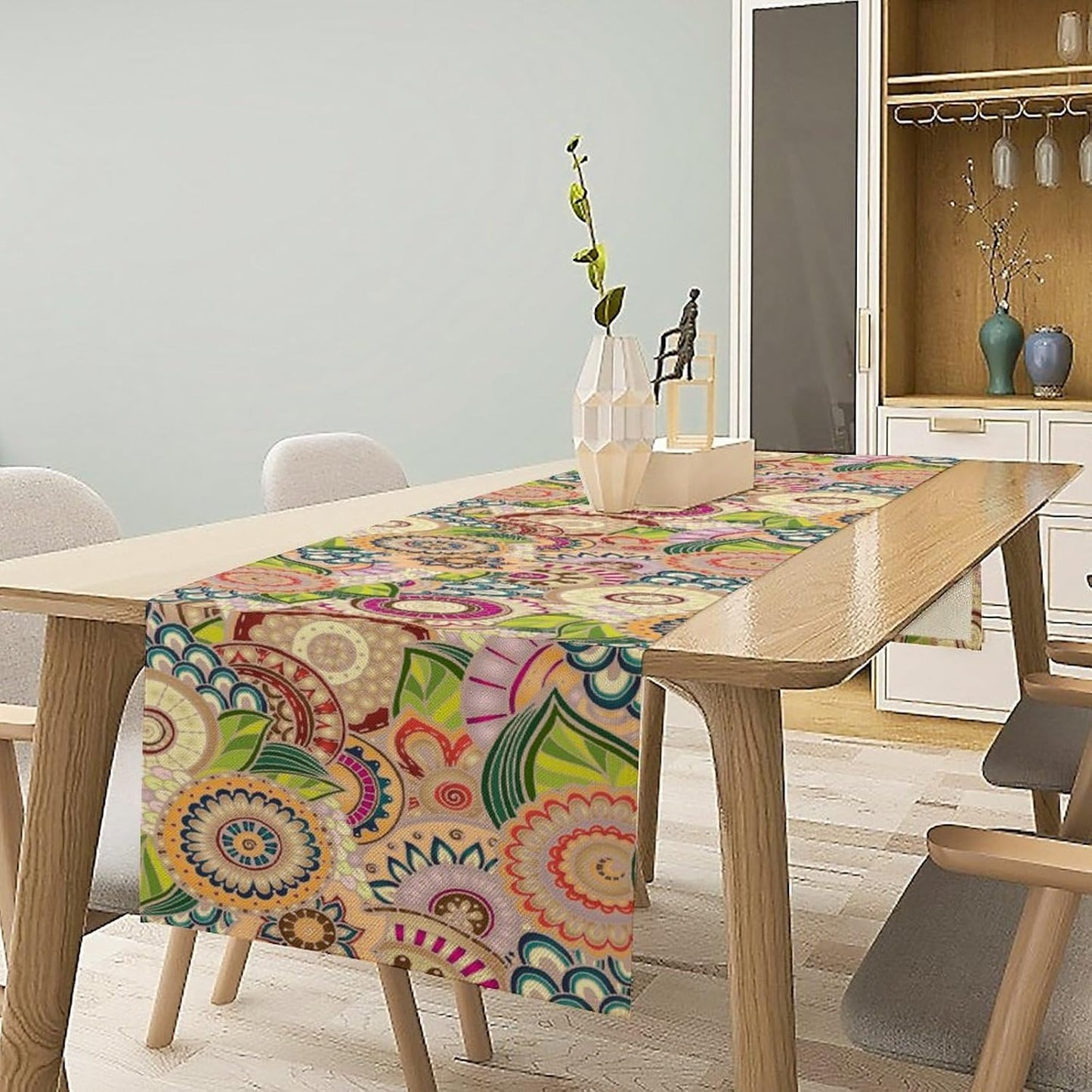 Boho Floral Table Runner,Retro Bohemian Flower Table Runner for Kitchen Dining Table Home Party Decoration 13x120 Inch