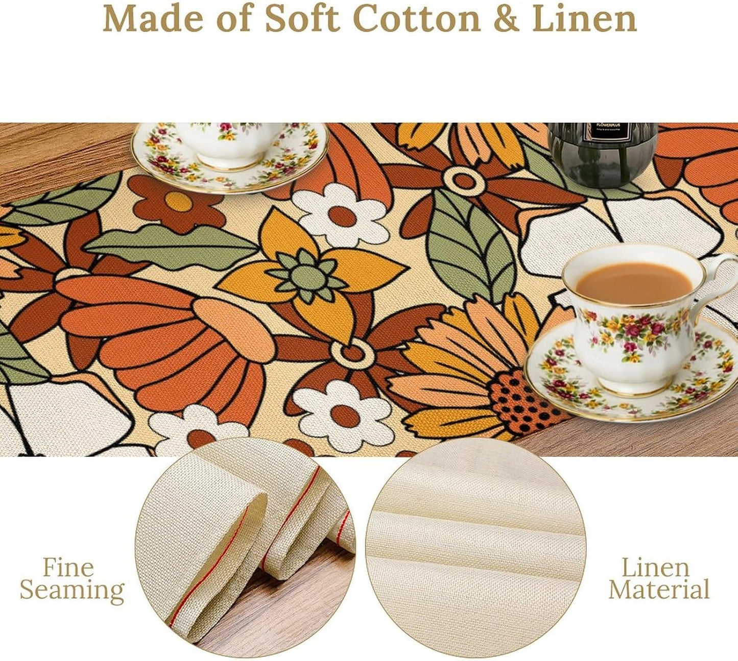 Vintage Floral Table Runner,Boho 70s Style Retro Flower Table Cloth Kitchen Dining Table Home Party Decoration 13x72 Inch