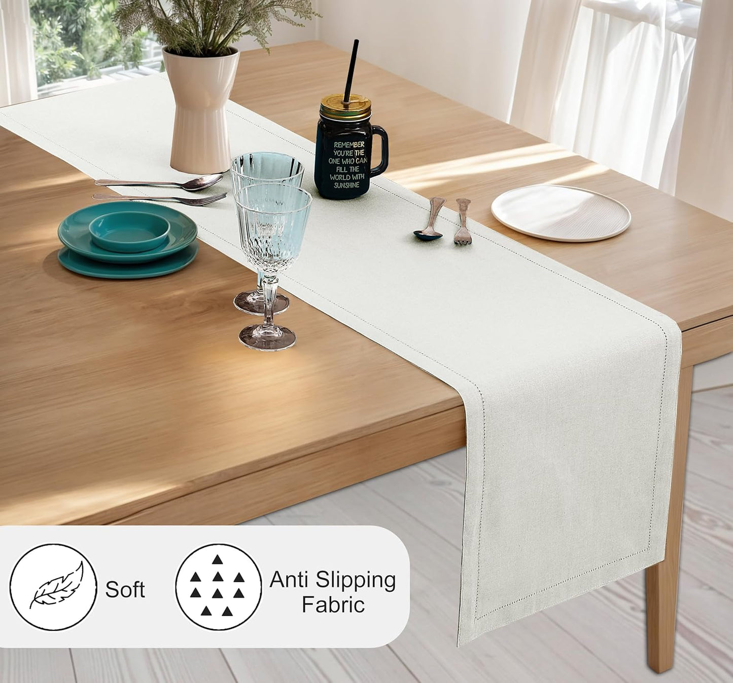 Ruvanti Linen Table Runner 60 Inches, Classic Hemstitch, Washable, Reusable, Non-Slipping, Stain Resistant- Perfect for Parties, Weddings, Dinners, Thanksgiving, Christmas, Indoor use – Ivory