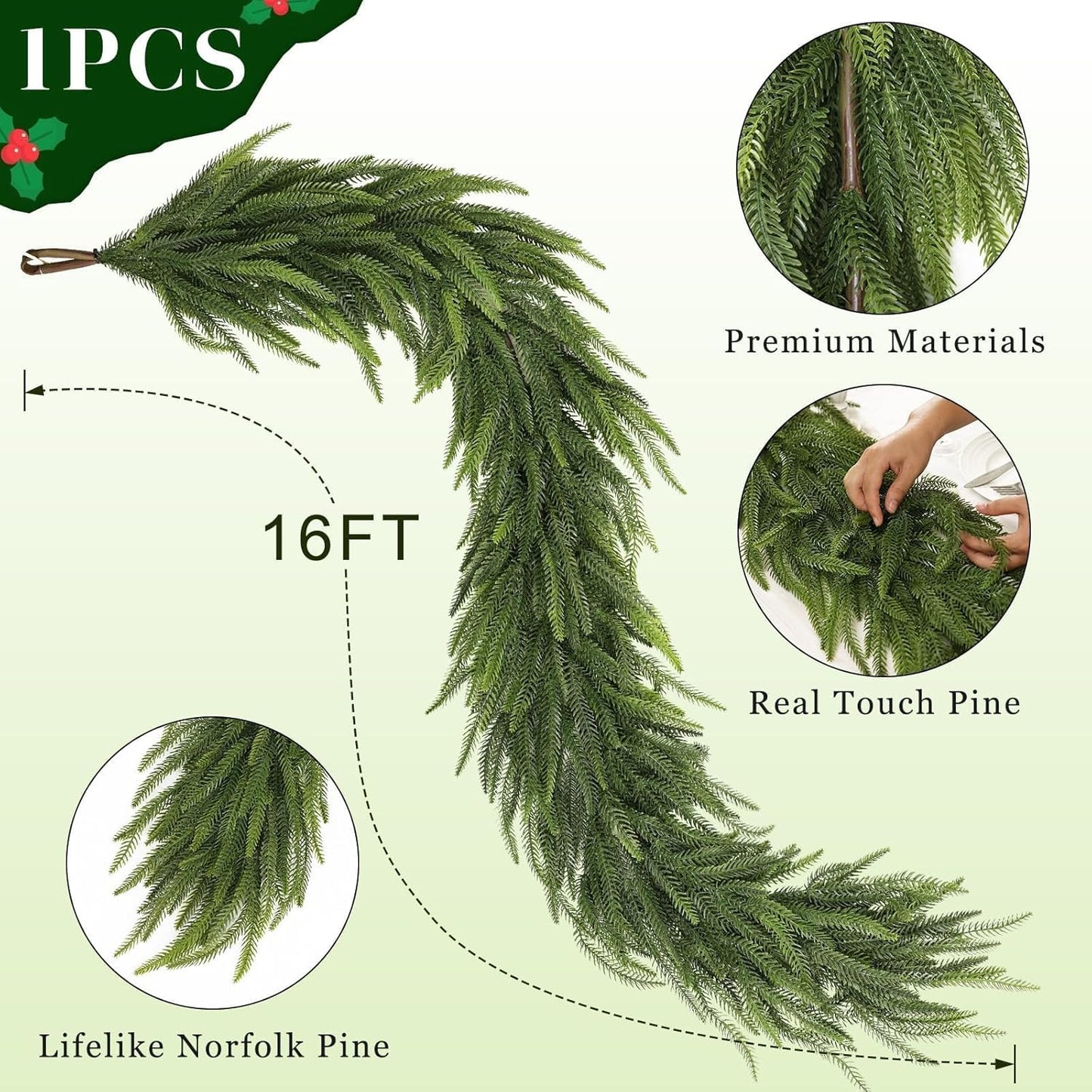 16FT Christmas Norfolk Pine Garland -1PCS, Artificial Pine Needles Garlands Faux Greenery Fake Garland for Holiday Fireplace,Table,Window,Stairs,Mante,Indoor Outdoor Decor
