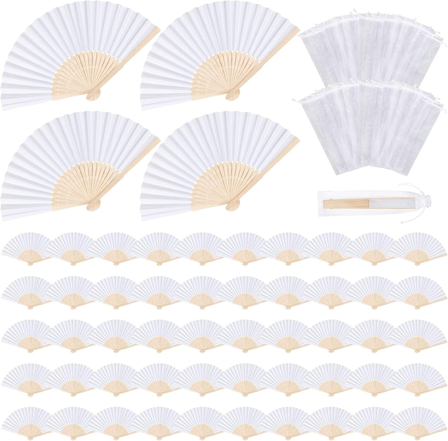 MCEAST 60 Pieces Wedding Handheld Paper Fans White Bamboo Folding Paper Fans with 60 Organza Bags Foldable Cool Wedding Favors Wedding Fans for Guests Party Favors DIY Decoration