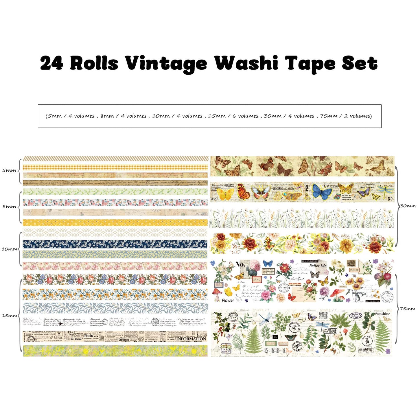 24 Rolls Vintage Washi Tape Set, Floral Letter Butterfly Mushroom Botanical Flower Writable Decorative Tapes for Scrapbooking , Junk Journal supplies, Bullet Journaling 5-75mm Wide 9.84ft long/Roll
