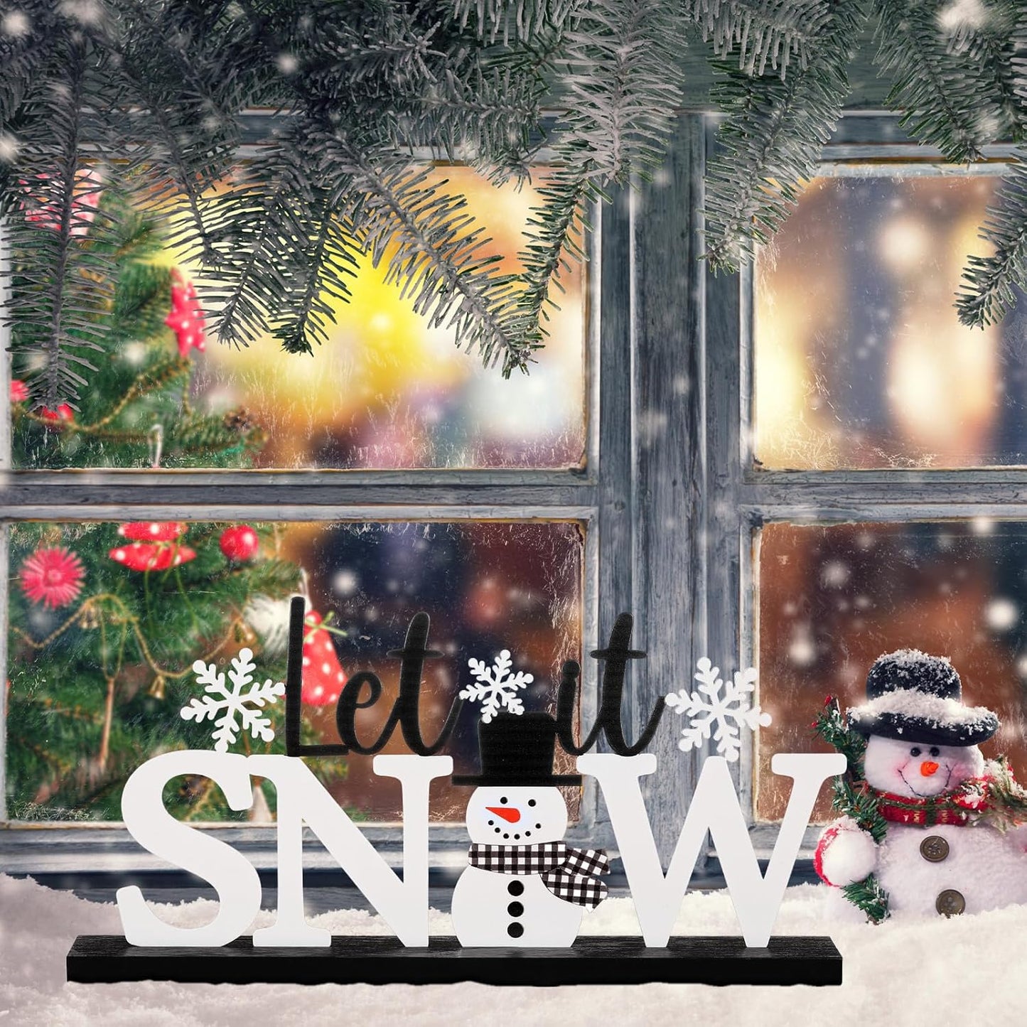 Winter Metal Sign Let It Snow Table Decor Christmas Tiered Tray Decor with Wooden Base Metal Black and White Snowman Snowflake for Xmas Home Tabletop Centerpiece Mantel Shelf Fireplace