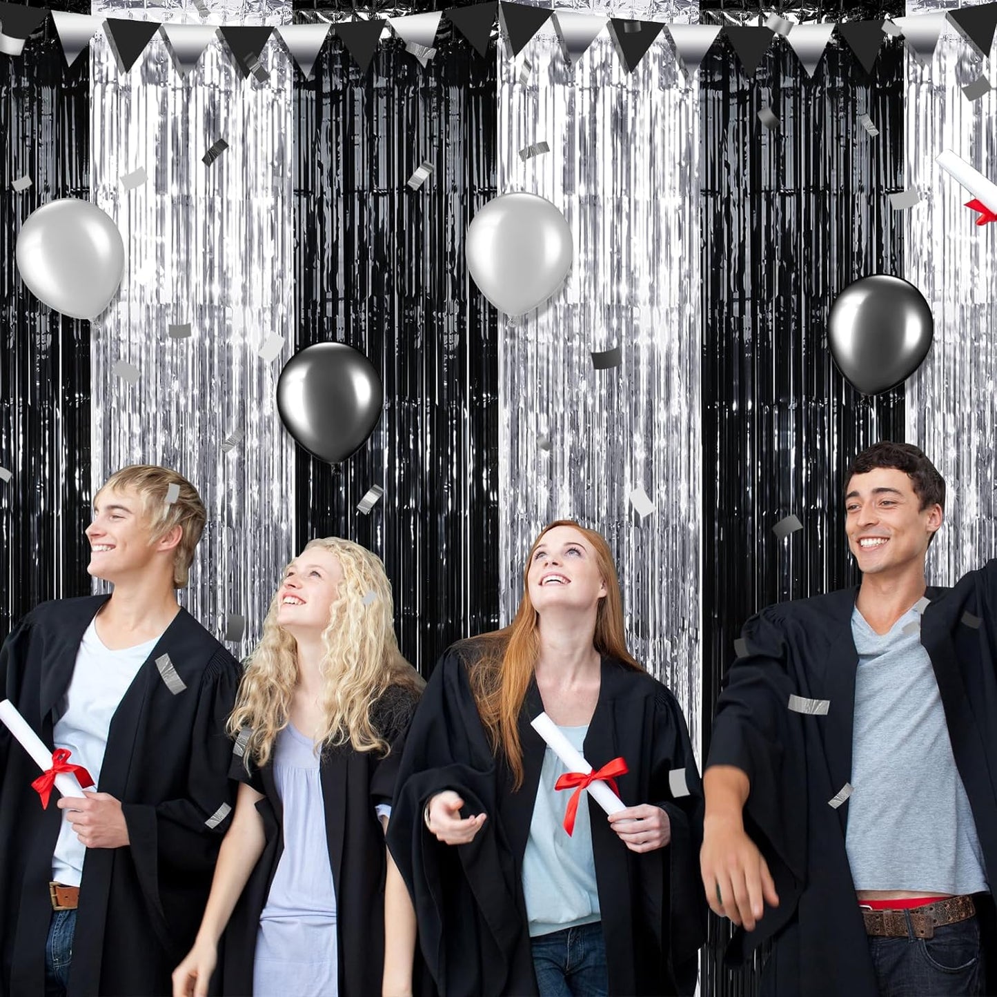 3 Pack 3.3Ft x 6.6Ft Graduation Foil Fringe Curtain Backdrop Decorations, Black Silver Metallic Tinsel Foil Streamers Curtain Photo Background for Graduation Prom Wedding Birthday Party Decorations