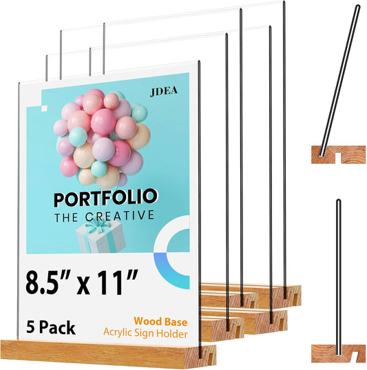Acrylic Sign Holder with Wood Base 8.5x11 Inch Vertical and Slant Displays (5 Pack 8.5*11")