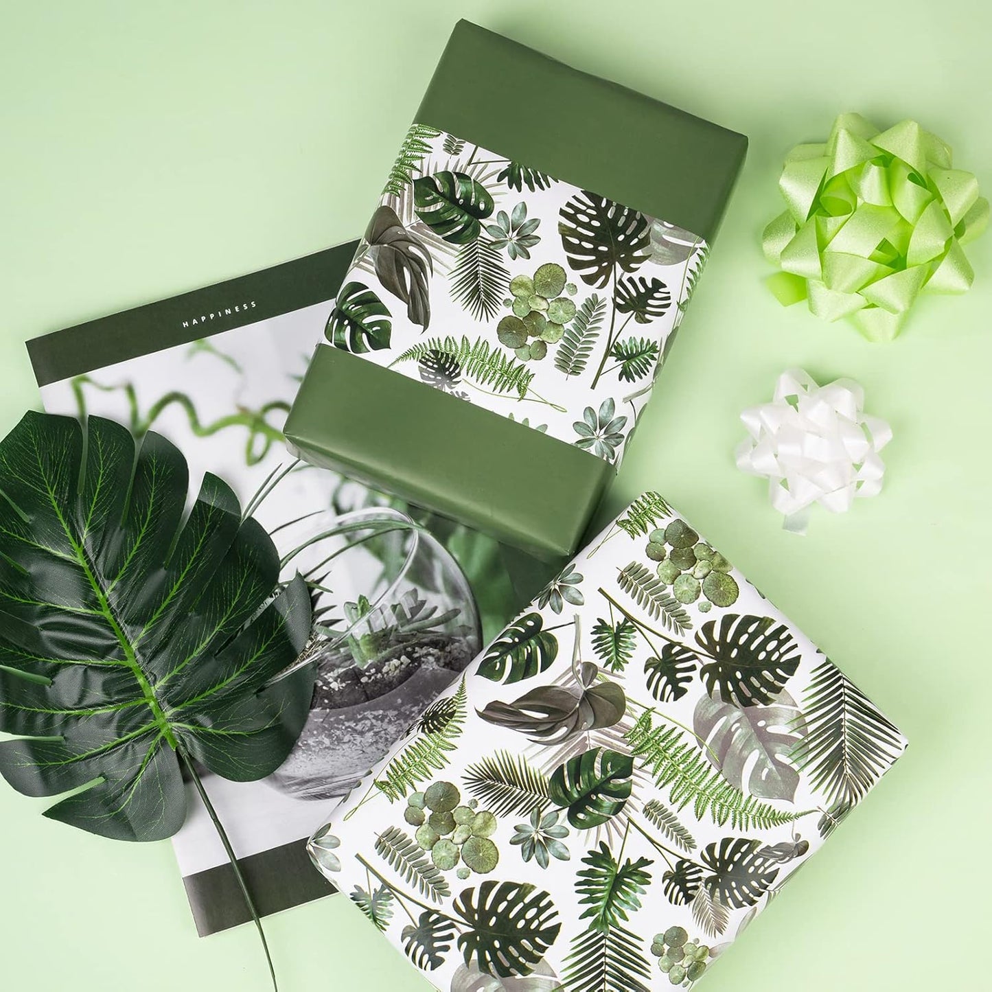 WRAPAHOLIC Reversible Tropical Wrapping Paper - Mini Roll - 17 Inch X 33 Feet - Green Monstera Leaf Hawaii Wrapping Paper for Birthday, Wedding, Bridal Shower, Baby Shower