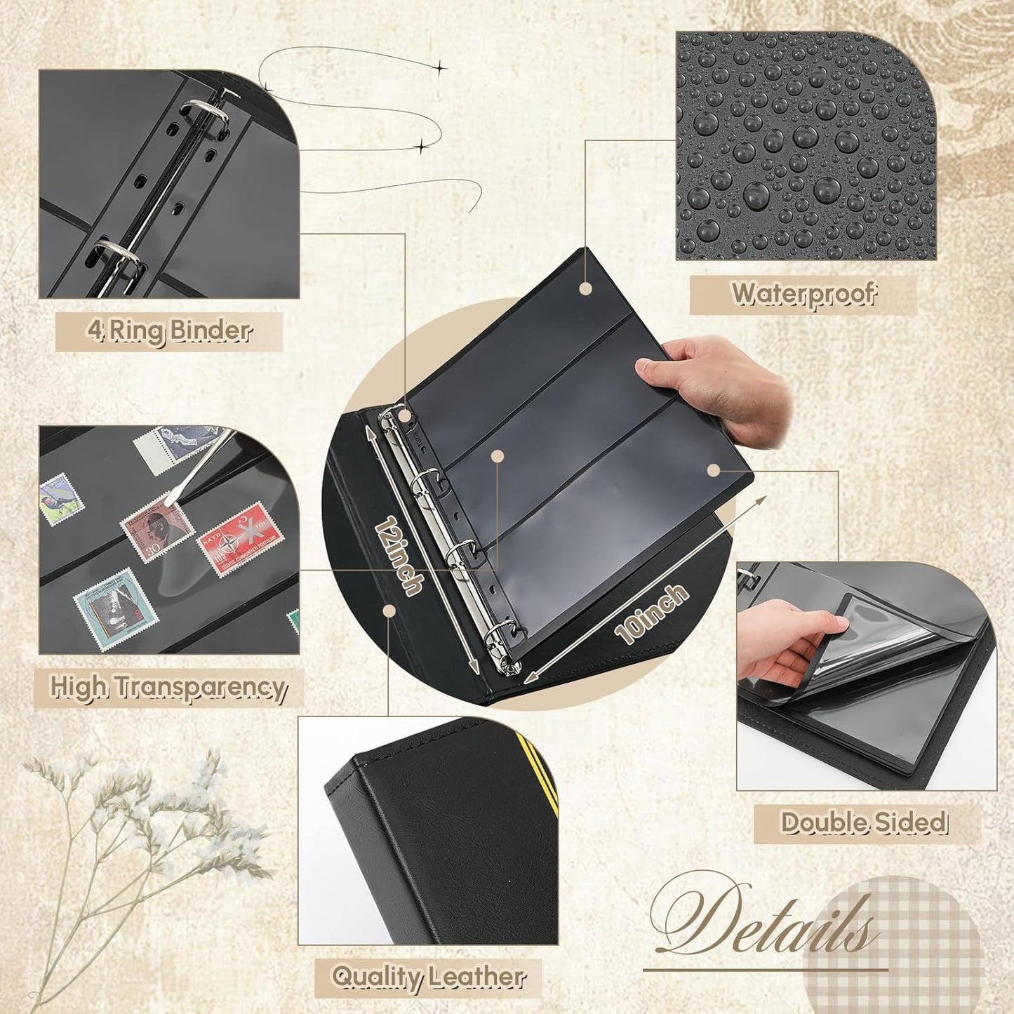 Lewtemi Stamp Collecting Albums Set Stamp Collection Book Include 20 Pages Album Binder Tweezer and Loop Magnifier Collecting Supplies for Collectors(Black,1/2/3/4 Rows)