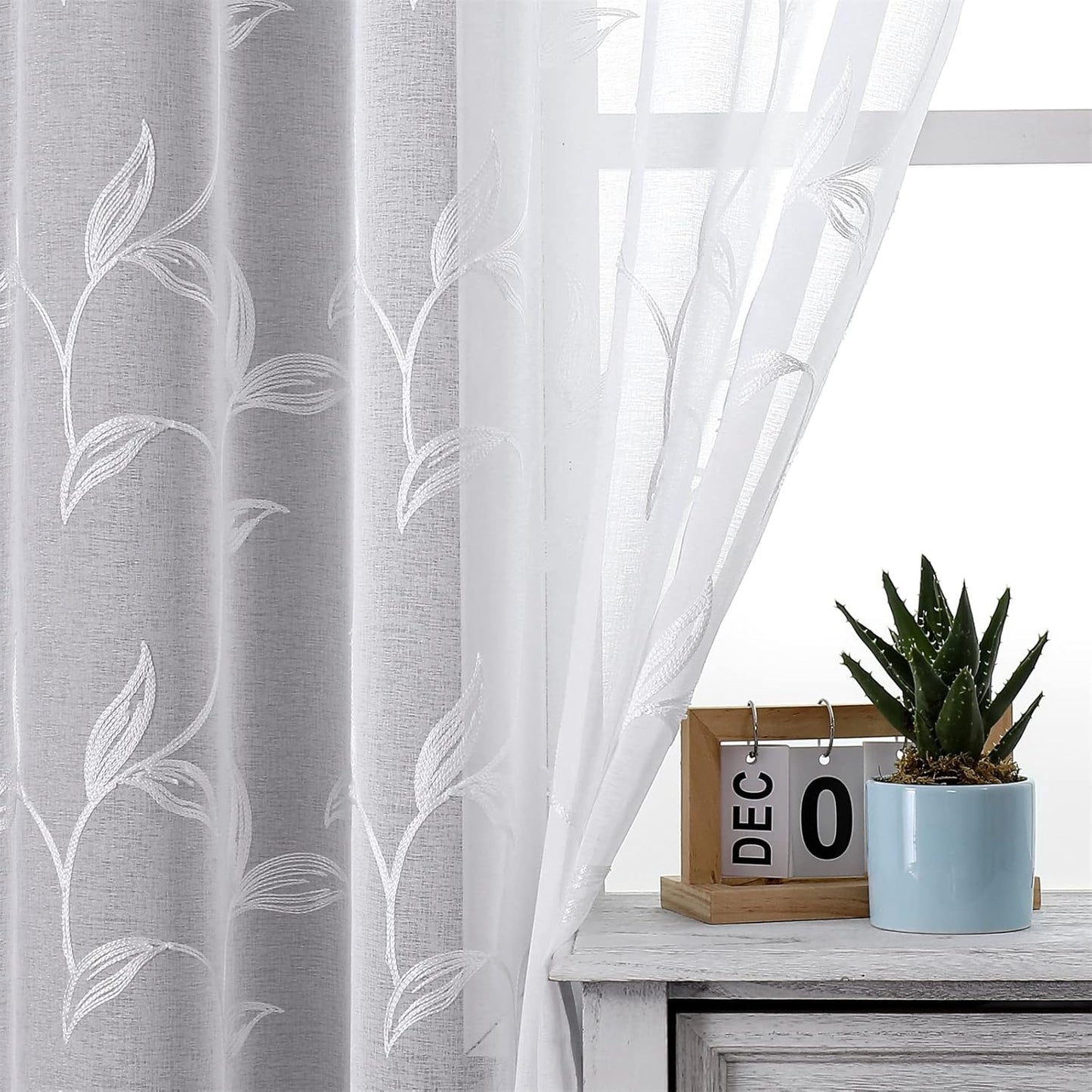 VISIONTEX White Sheer Voile Curtains, Decorative White Embroidery Faux Linen Rod Pocket Window Drapes for Home Kitchen, Living Room and Bedroom 54 x 84 Inch, Set of 2 Curtain Panels