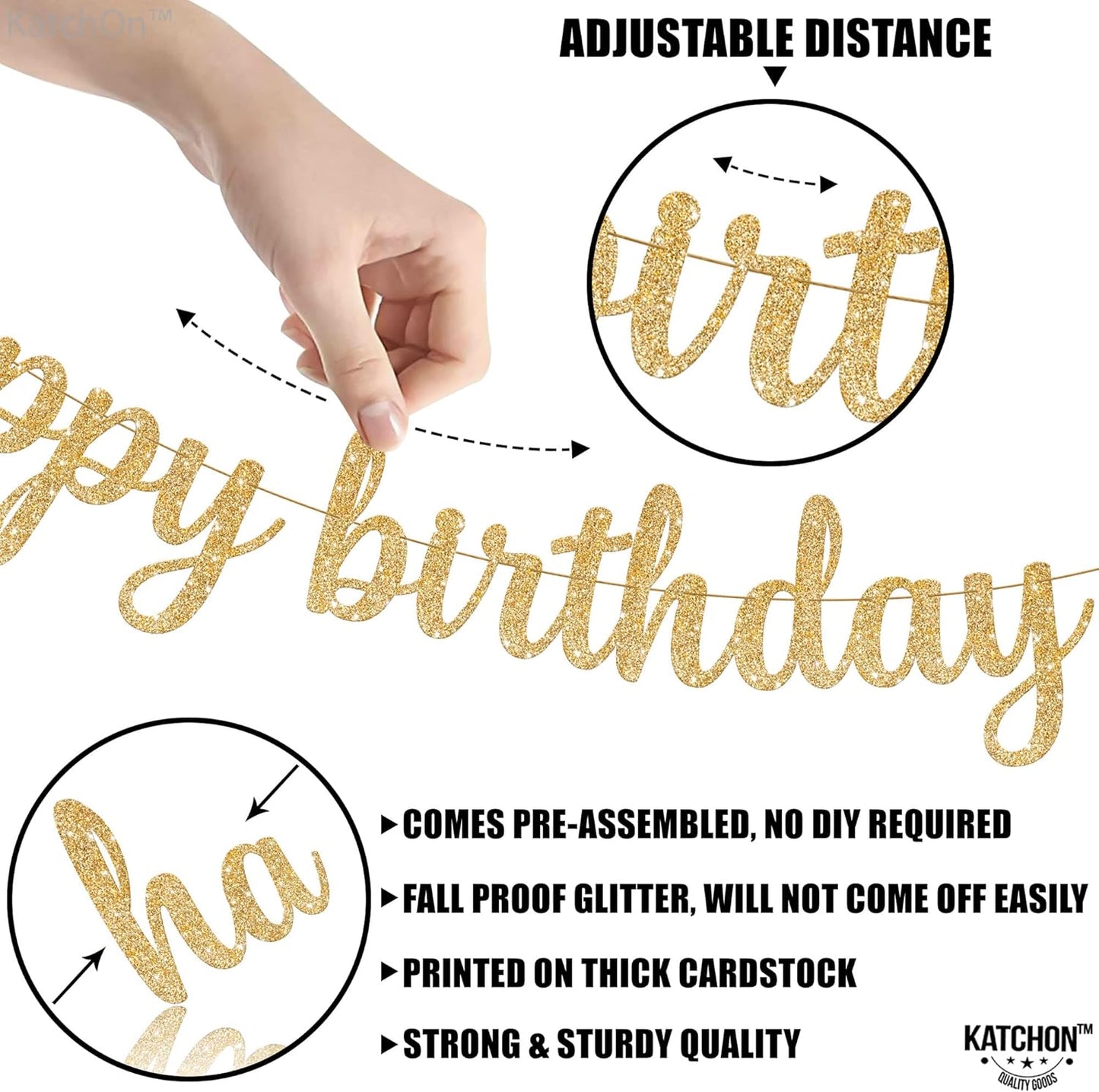 KatchOn, Glitter Cursive Gold Happy Birthday Banner - Pre-Strung, 10 Feet | Birthday Decorations for Women, Men, Boys and Girls | Hbd Banner Backdrop For Birthday Party Decorations | Gold Happy Birthday Sign