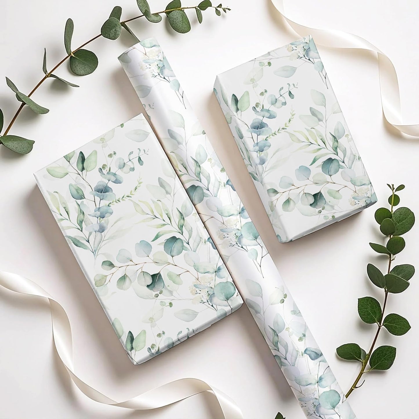 WRAPAHOLIC Eucalyptus Leaves Wrapping Paper Roll - Mini Roll - 17 Inch x 9.8 Feet - Eucalyptus Greenery Wrapping Paper Perfect for Birthday, Wedding, Bridal Shower