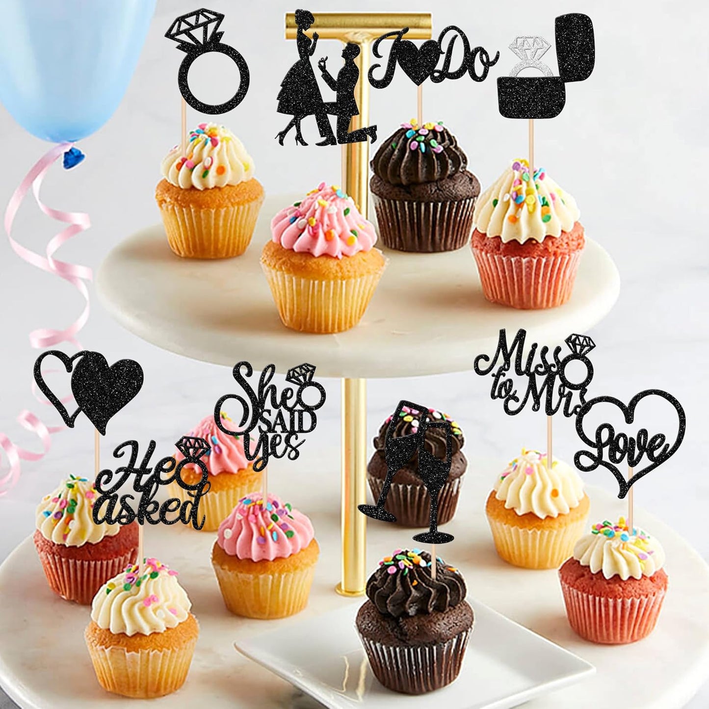 30 PCS He Asked She Said Yes Cupcake Toppers Glitter Engagement Cupcake Toppers Miss to Mrs I Do Love Heart Ring Miss to Mrs Cupcake Picks for Wedding Engagement Party Cake Decorations Supplies Black