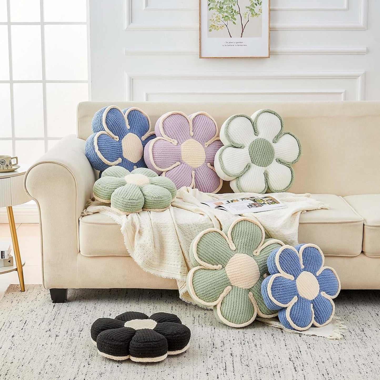 Flower Pillow, Soft Flower Decorative Throw Pillow, Cute Daisy Flower Shaped Seating Floor Cushion Room Décor Plush Pillows for Sofa Couch Bed (13.7 Inch, White)