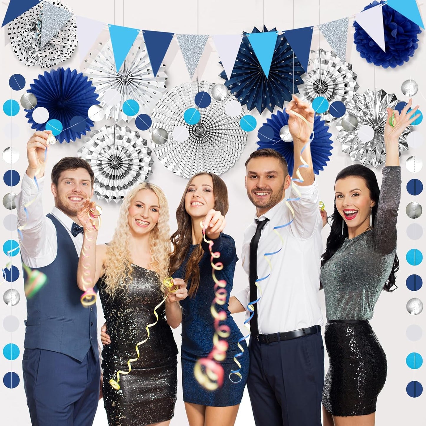 Navy-Blue White Silver Graduation Party-Decorations 33pcs Kits Banner, Paper Lantern Fans,Tissue Pom Poms Honeycomb, Streamers Tassel Garland,Bridal Shower Birthday Wedding Bachelorette Decor