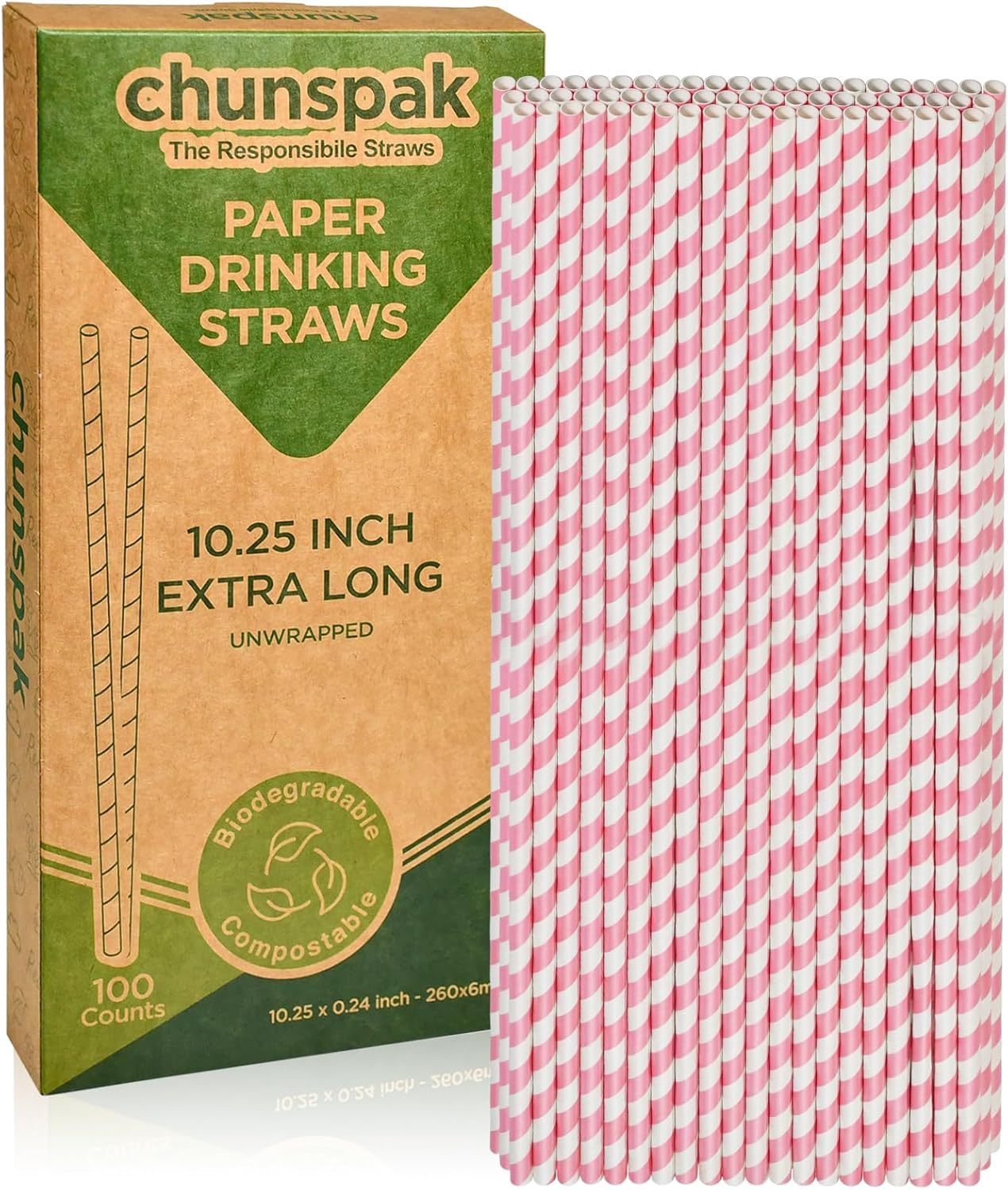Biodegradable Pink Paper Straws for Drinking - 10 Inches Long, 0.24" Diameter, Pack of 100