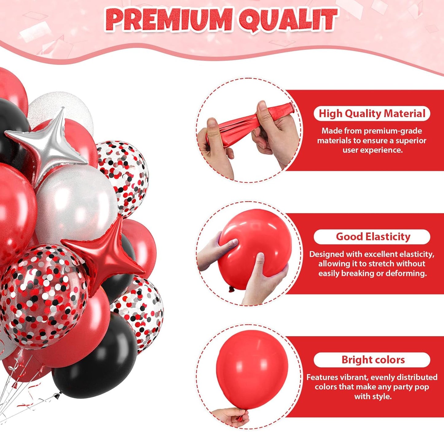 Red And Black Balloons, 60pcs Red Black White Balloons, Confetti Balloon White 3 Colour Star Foil Balloon For Birthday Baby Shower Party Wedding Graduation Bridal Shower Retirement Engagement Decor