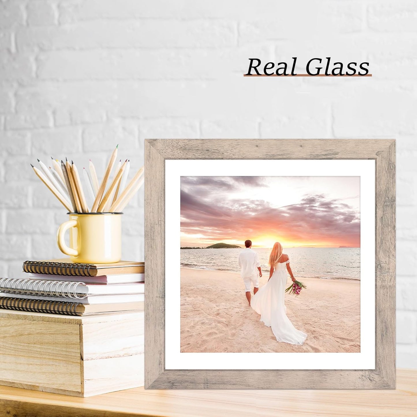 12x12 Picture Frame Set of 4 with Tempered Glass, Smoke Gray Frame Display 10x10 Picture with Mat or 12 x 12 Without Mat, Wood Square Photo Frames for Desktop Display and Wall Mounting