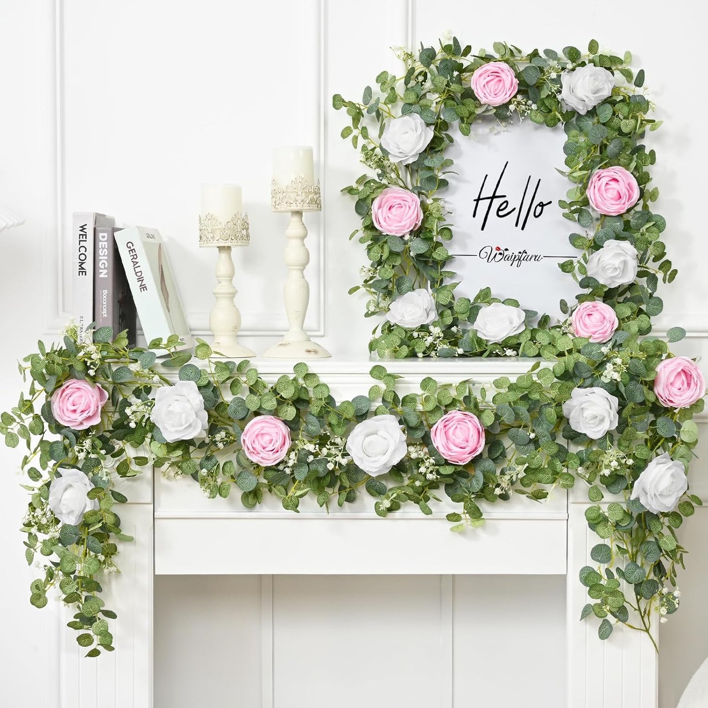 Waipfaru 6.07FT Artificial Eucalyptus Garland with Flowers, Fake Rose Gypsophila Floral Garland, Floral Vines for Wedding Table Backdrop Party Centerpiece Room Decor