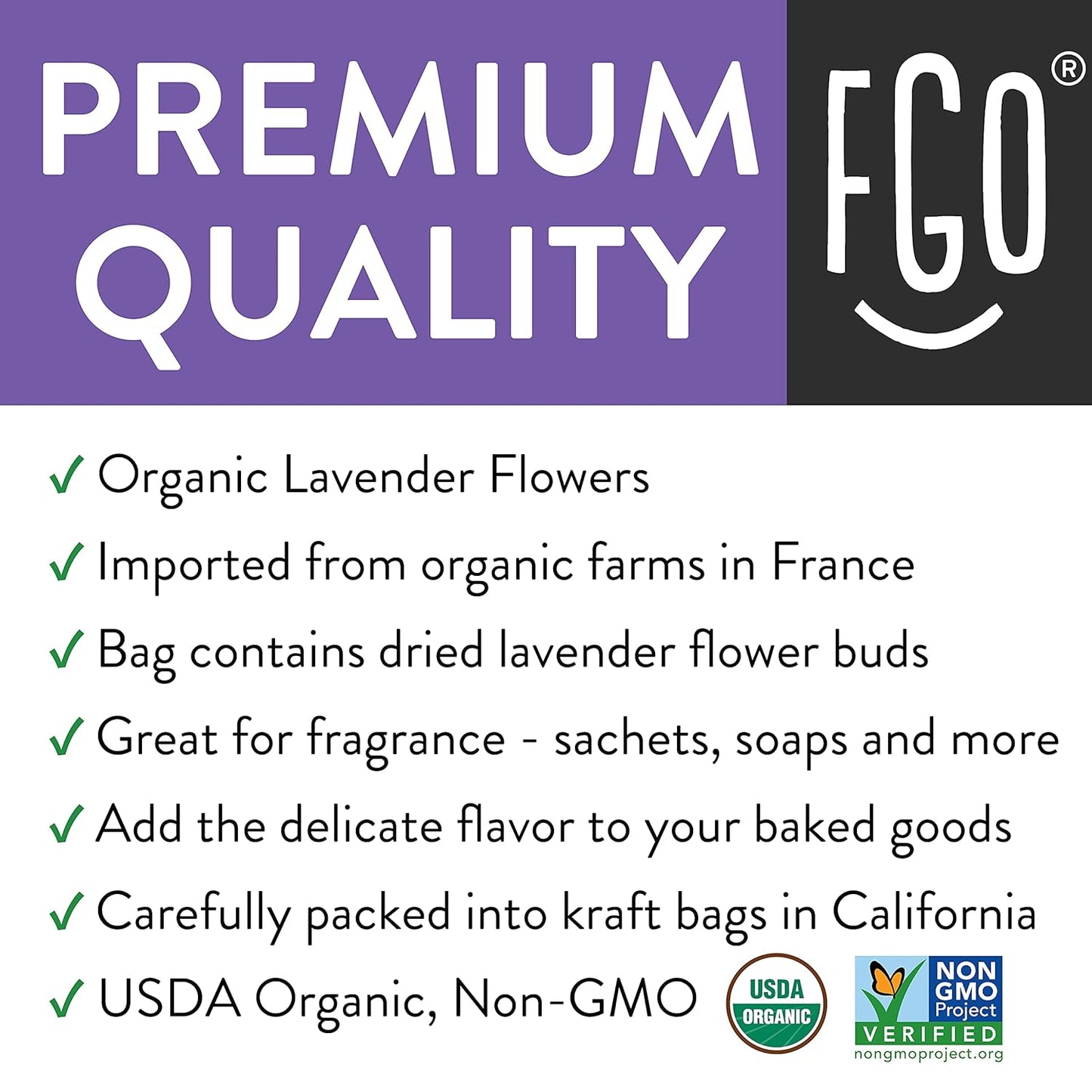 FGO Organic Dried Lavender Flowers, Extra Grade Dried Buds, Imported From France for Culinary or Sachet Bags, 4oz, Packaging May Vary (Pack of 1)