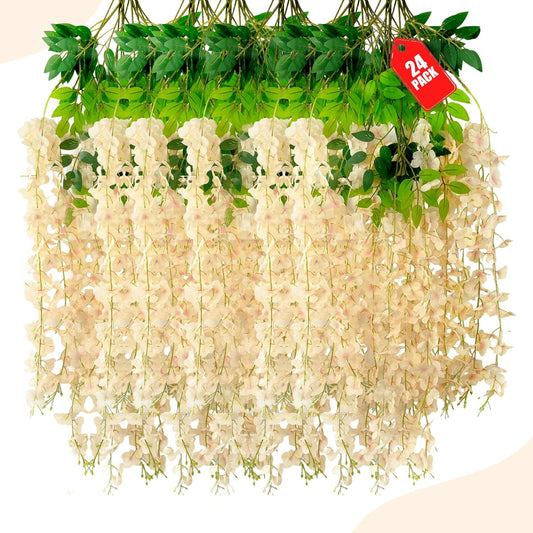 24 Pack Champagne Pink Wisteria Hanging Flowers, 3.44 Ft Fake Hanging Flowers, Artificial Wisteria Garland Vines for Wedding Room Backdrop Outdoor Patio Garden Decoration