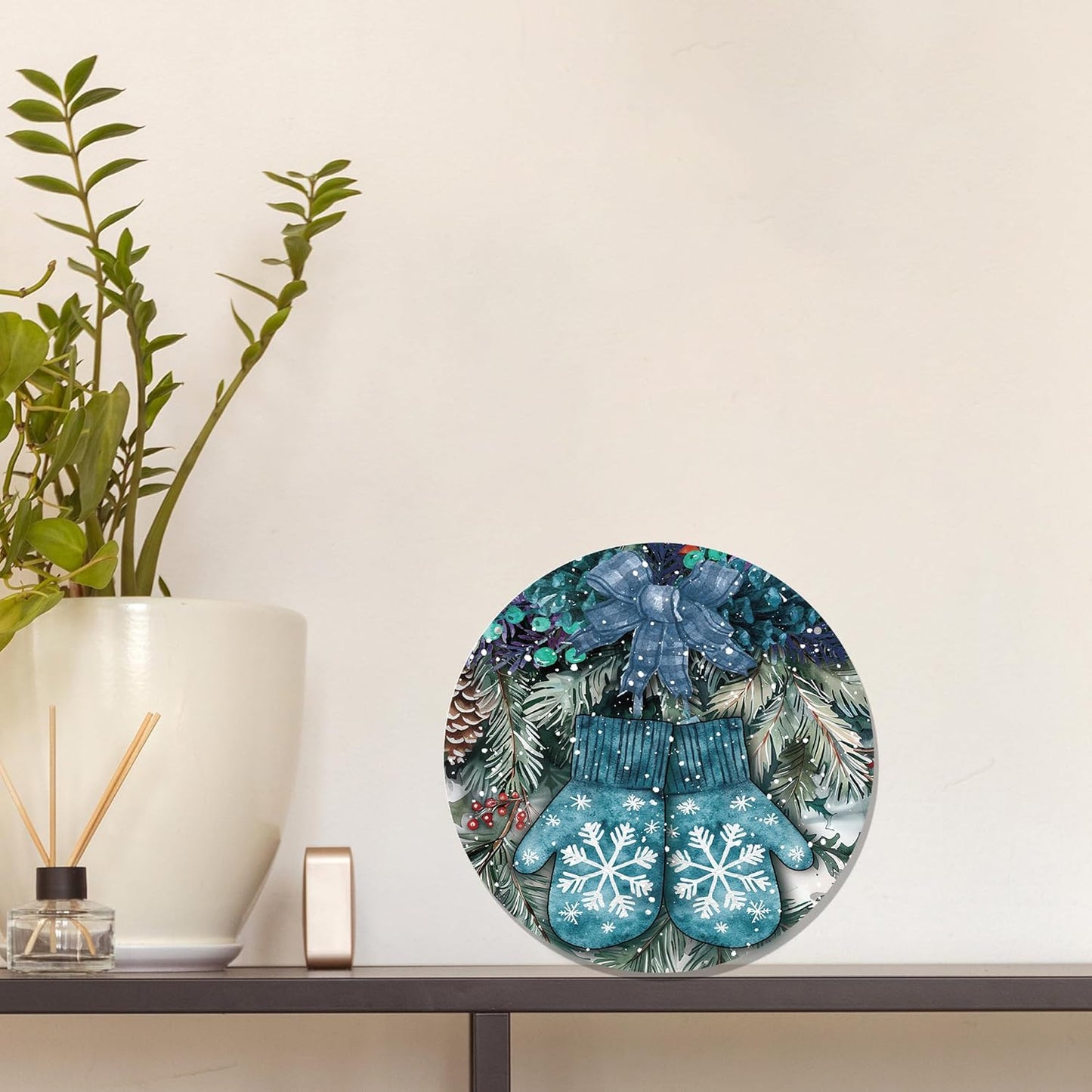 Navy Blue Winter Christmas Wooden Sign, Winter Snowflake Gloves Blue Plaid Bow Decoration Hanging Sign Wall Decor, Farmhouse Seasonal Holidays Wooden Signs for Home Door Decor 12 x 12 Inch