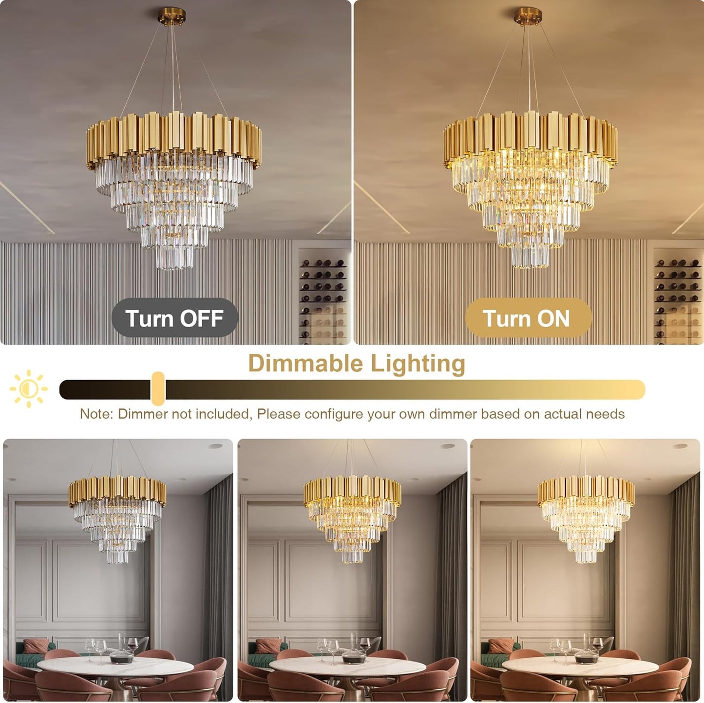 Modern Crystal Chandelier, 27.5" Gold Chandelier for Dining Room, 9-Light Luxury Round Chandeliers, 5-Tier Contemporary Light Fixture for Living Room, Bedroom, Foyer, Entryway