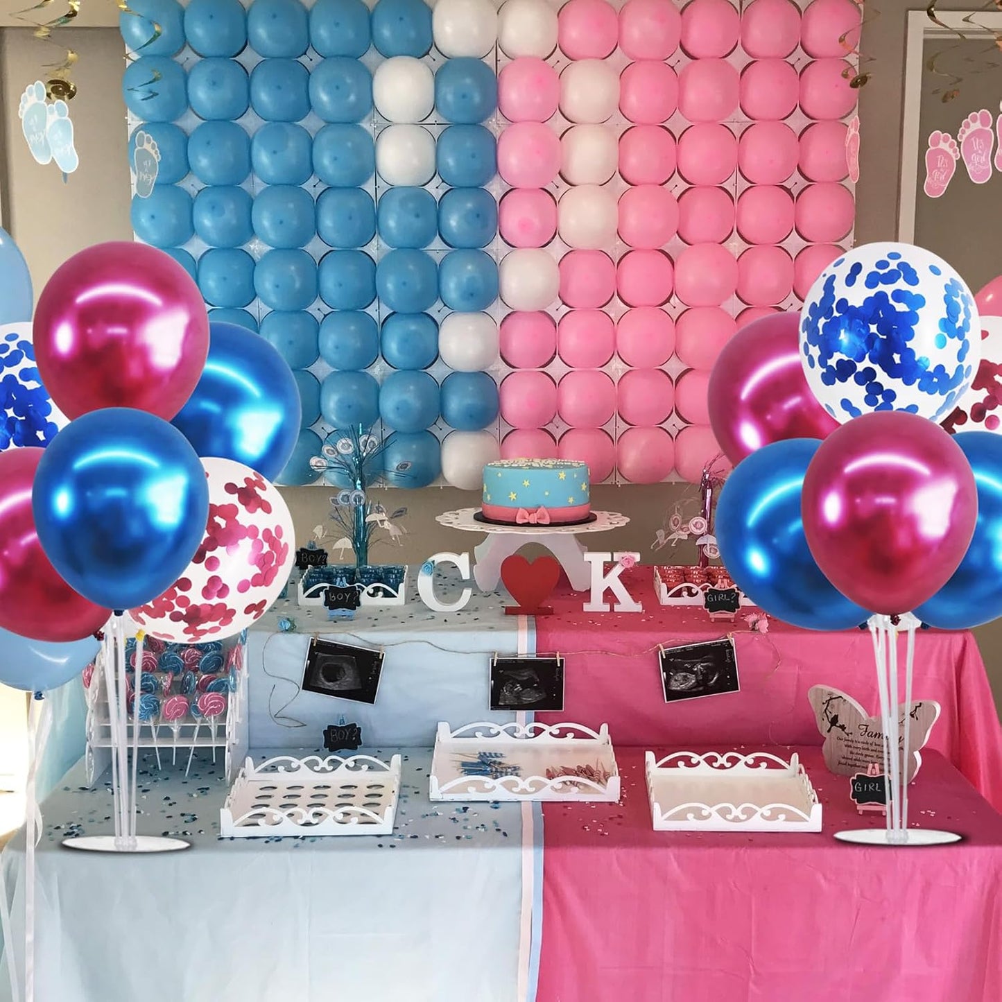 TONIFUL 4 Set Metallic Blue and Rose Red Balloon Stand Centerpiece Table Decorations for Baby Shower Wedding Engagement Bridal Shower Anniversary Mother's Day Birthday Party Decorations