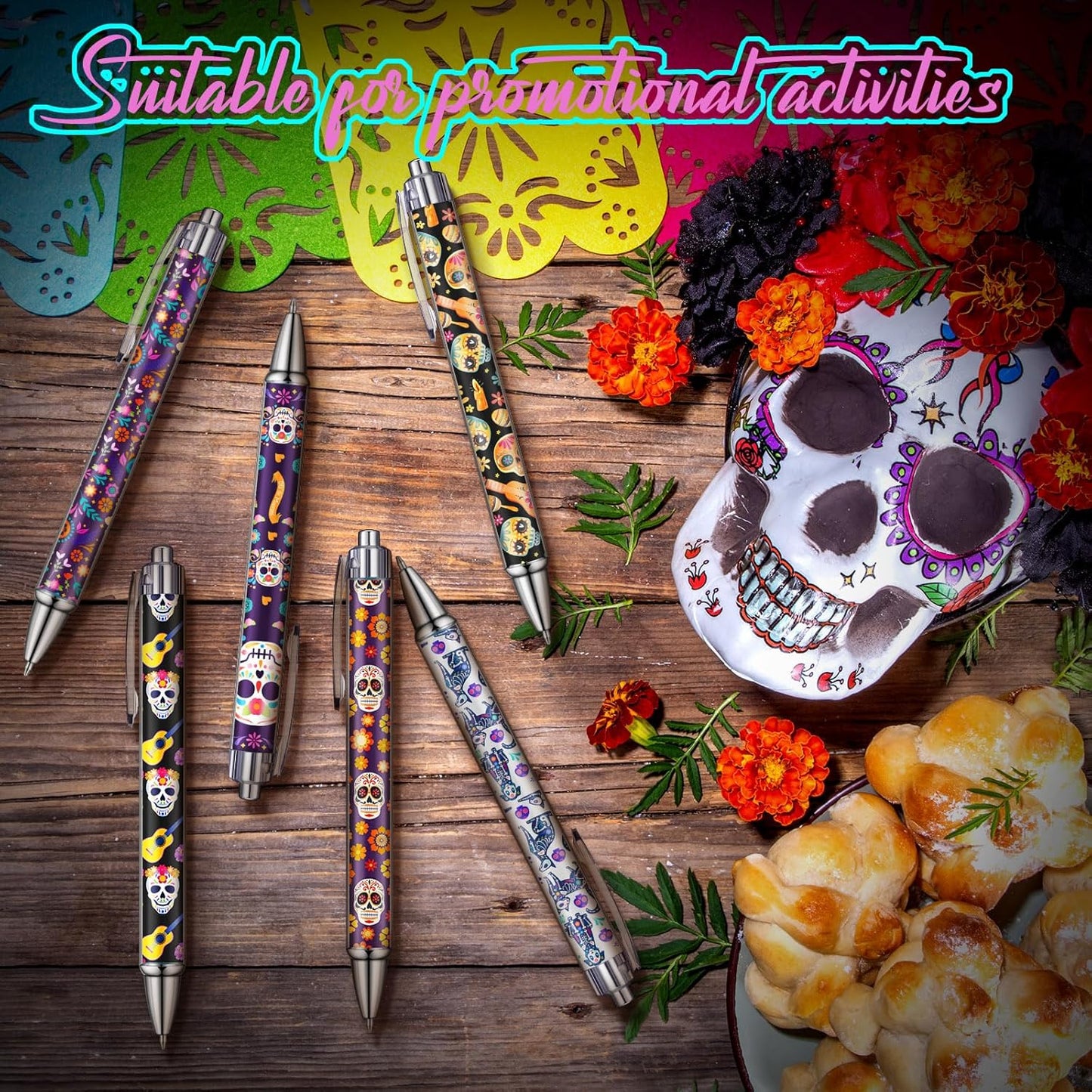 24 Pcs Day of the Dead Gifts Pens Dia De Muertos Party Favors Skull Ballpoint Pen Halloween Party Decoration Dia De Muertos Gifts for College Office Business Men Women Retired Supply