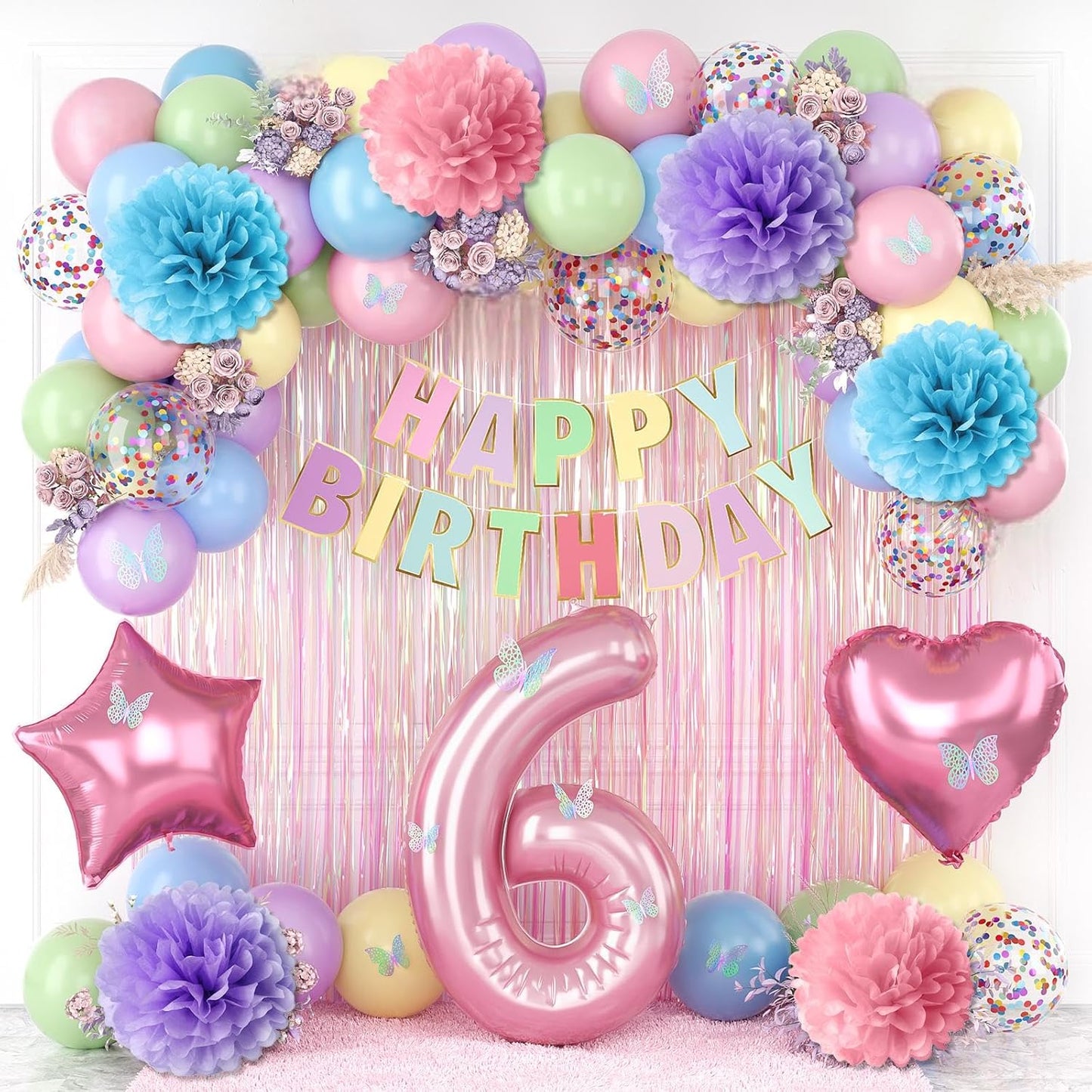 Pastel 6th Birthday Party Decorations for Girls Number 6 Balloon Happy Birthday Banner Butterfly Stickers Fringe Curtain Paper Pom Poms Macaron Pink Star Heart Foil Colorful Balloons 6 Year Old Decor