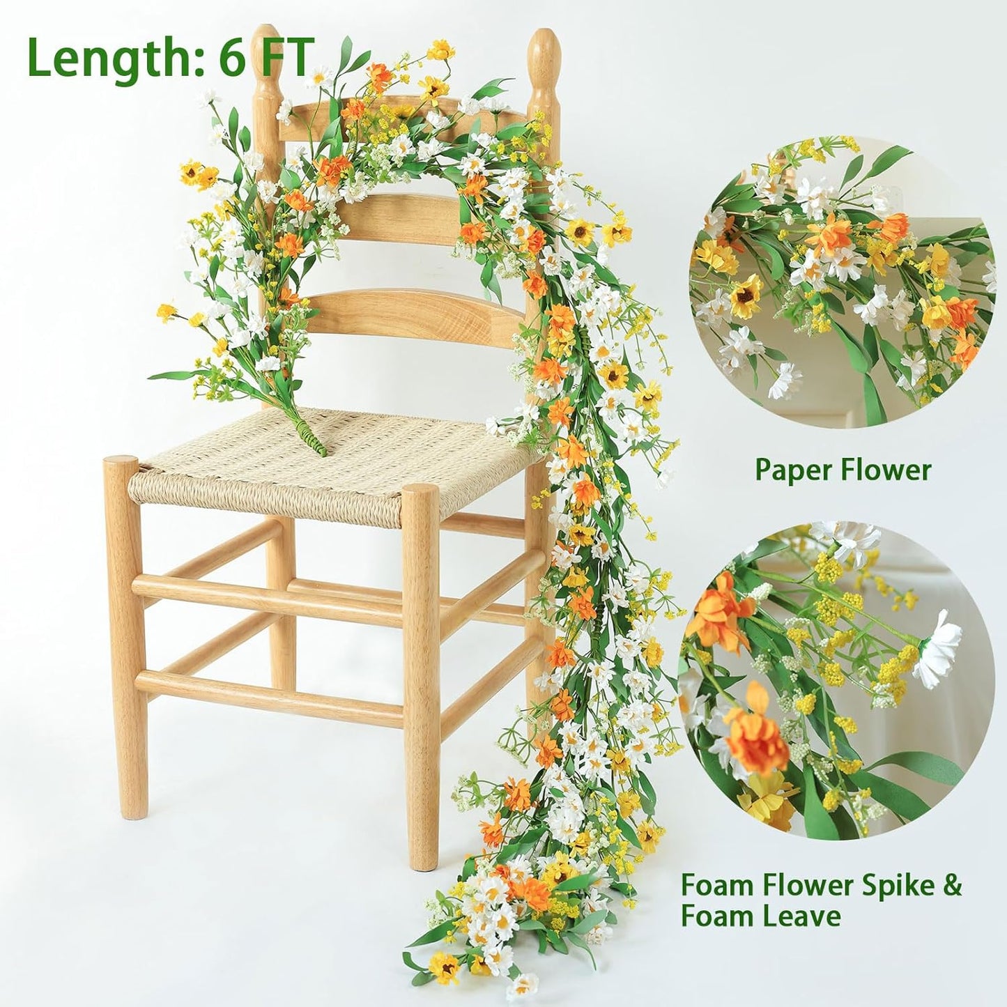 Mizii Artificial Flower Garland 6FT Fake Daisy Floral Garland Daisies Hanging Vines Spring Summer Flowers Decorations for Mantle Table Centerpieces Room Wall Fireplace Party Wedding Decor (Daisy)